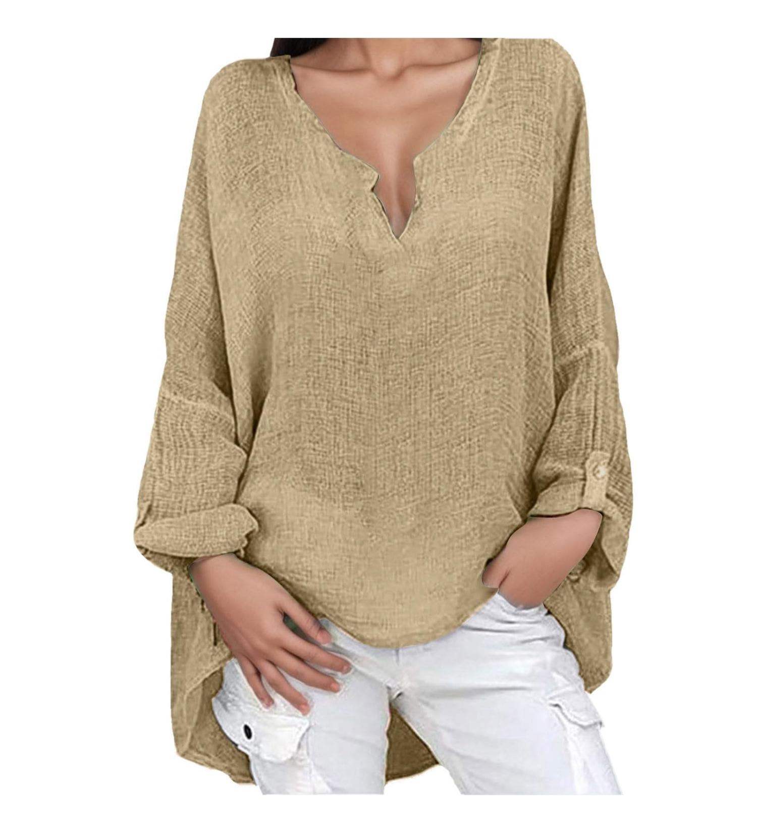 Women's Summer Cotton Linen Loose Fit Blouse Dandelion Tops Ladies Retro T-Shirts Casual Holiday Vacation Long Sleeve Tunic Top V-Neck Plus Size Tee Tops 2066-qppoj-a-khaki 5XL - Buy Online on GoSupps.com