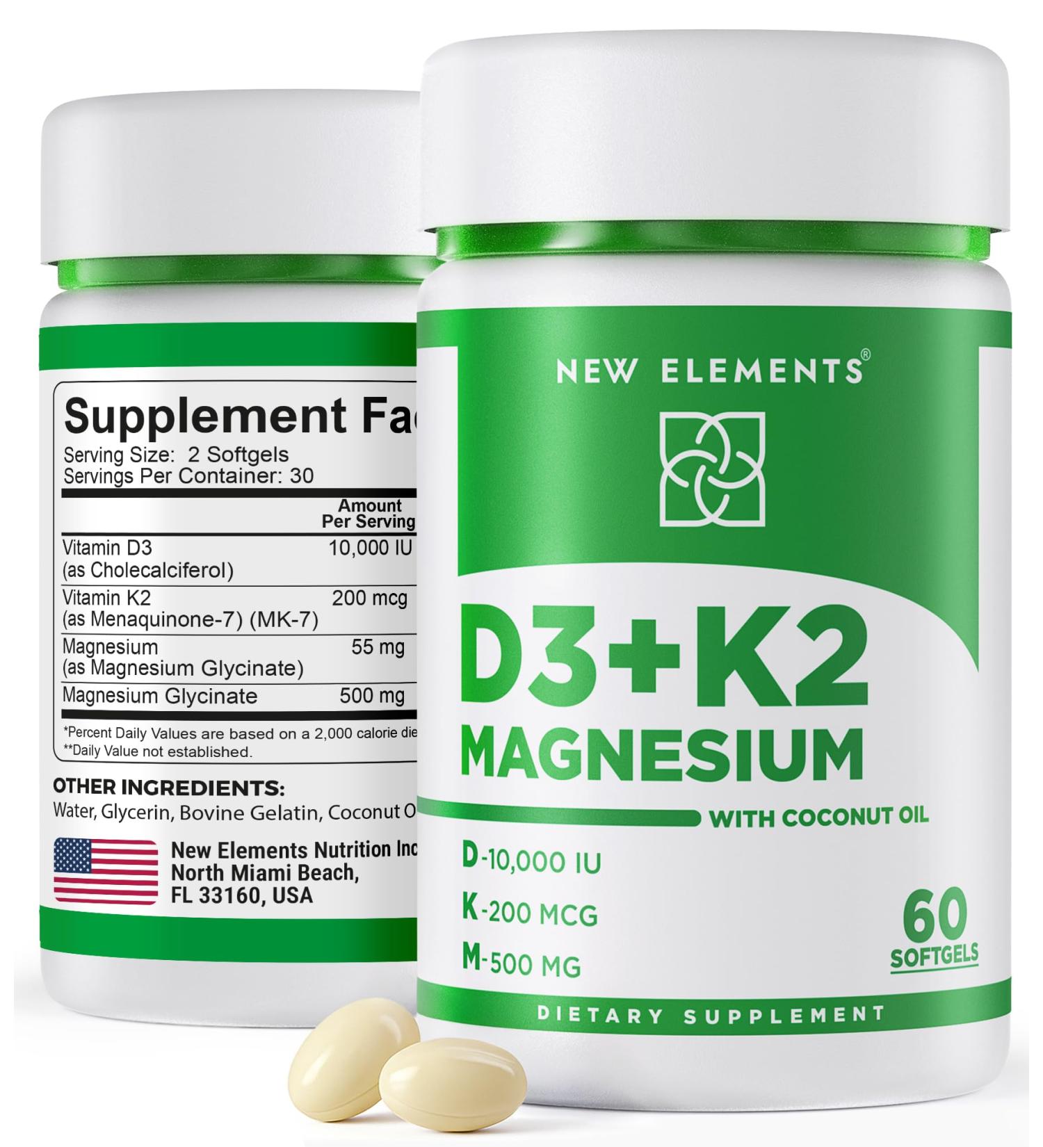 New Elements Vitamin D3 K2 10 000 IU with Magnesium Glycinate 500mg - Bone Health Immune Support Energy & Mood - Non-GMO Gluten-Free Sugar-Free Softgels for Women & Men (60 softgels) - Buy Online on GoSupps.com