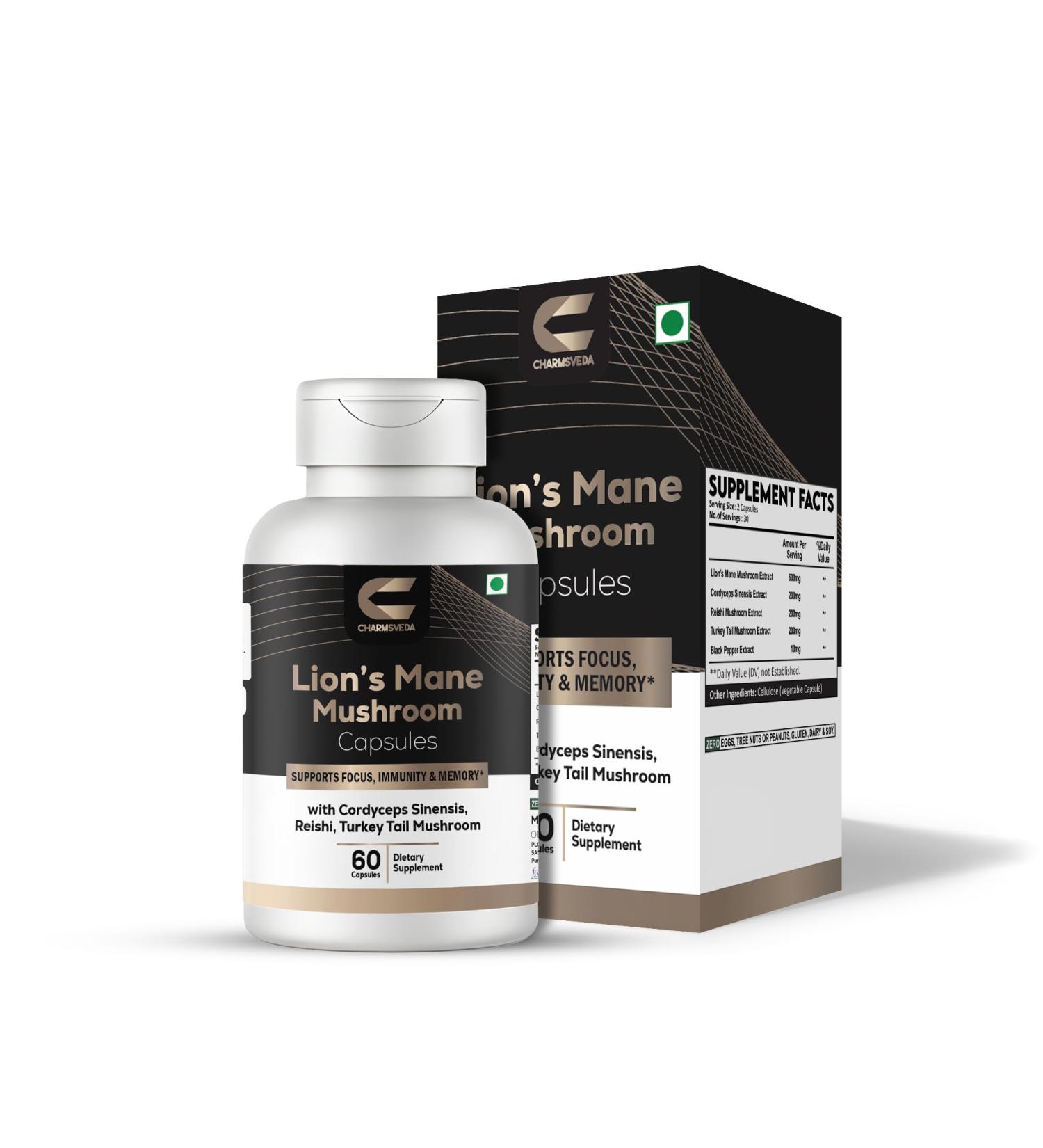 CHARMSVEDA Lion s Mane Mushroom Capsules with Cordyceps Reishi & Turkey Tail Herbal & Immune Support Overall Wellness & Immune Support* 60 Vegan Capsules - Buy Online on GoSupps.com