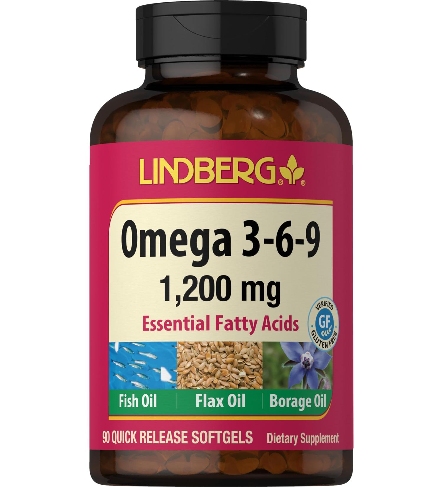 Lindberg Omega 3 6 9 Supplements | 1200mg | 90 Softgels | Essential Fatty Acids | with Fish Flax and Borage Oil | Non-GMO Gluten Free - Buy Online on GoSupps.com