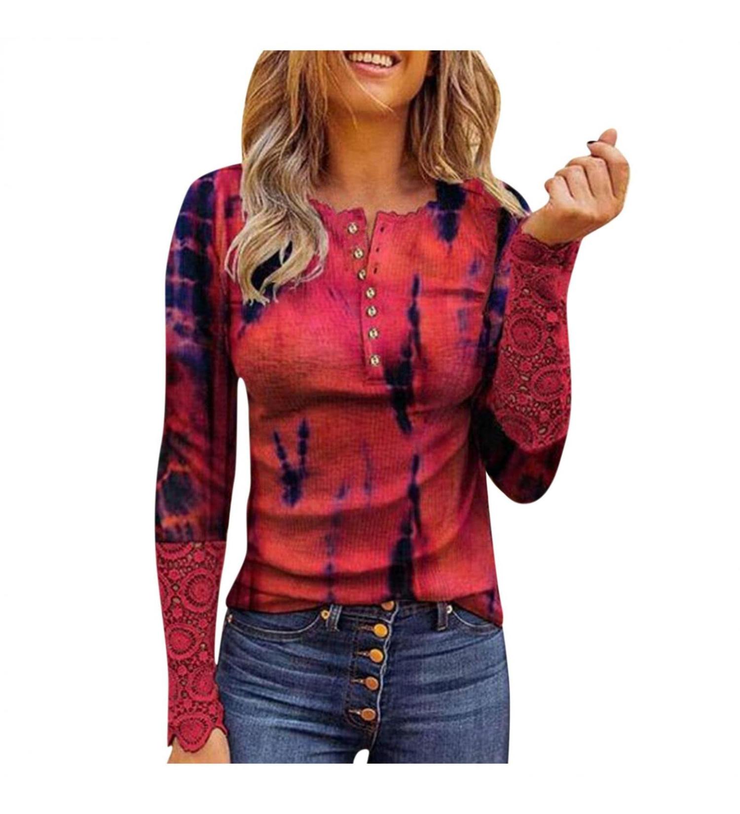Women's Long Sleeve Henley Shirt - Trendy Casual Fall Button Down Blouse | Ribbed Tee | Small Red - Buy Online on GoSupps.com