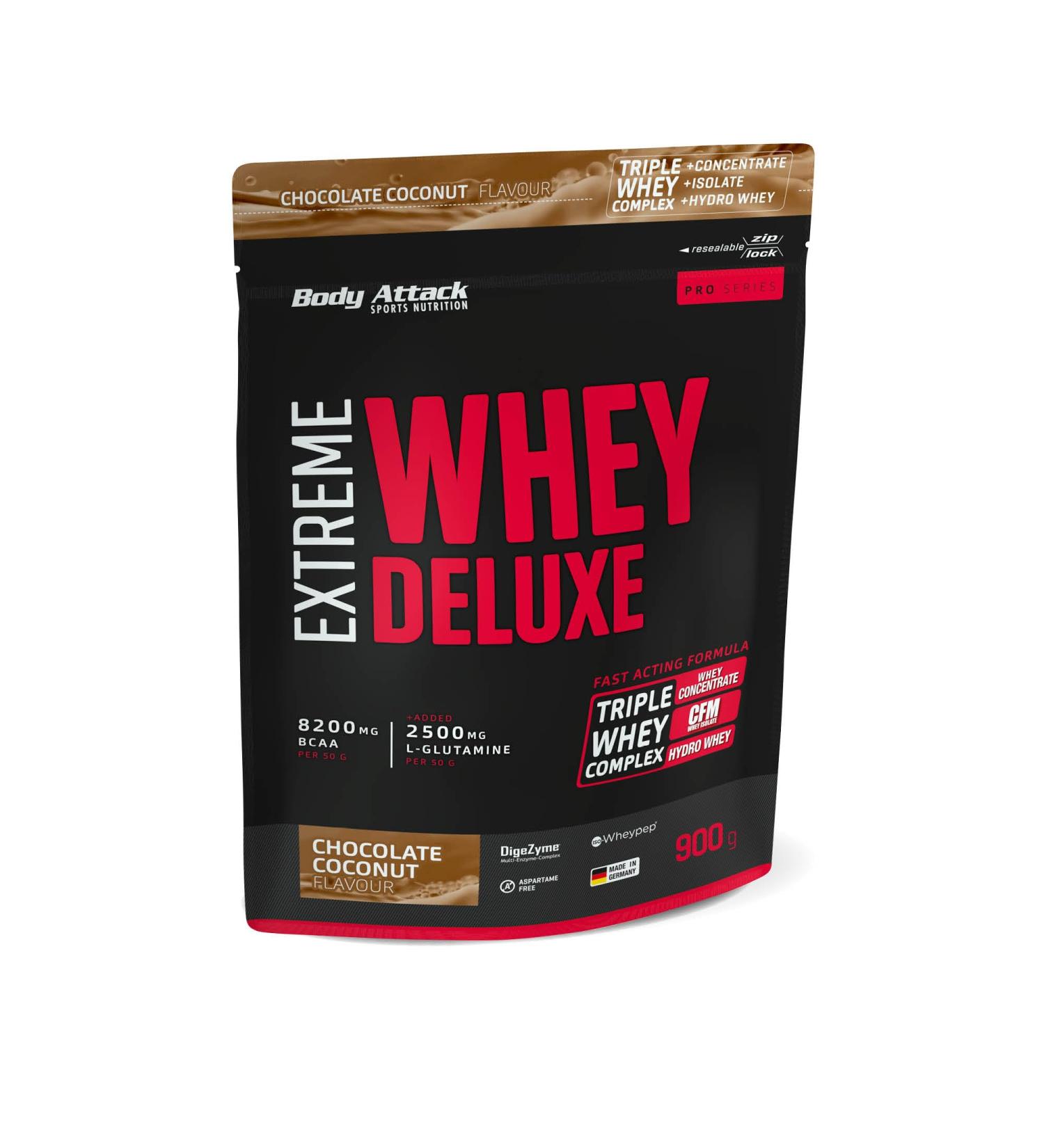 Body Attack Extreme Whey Deluxe - Chocolate Coconut Cream 900g | High-Quality Protein Powder with Triple Whey Complex & Amino Acids | Made in Germany - Low Fat & Sugar - Buy Online on GoSupps.com