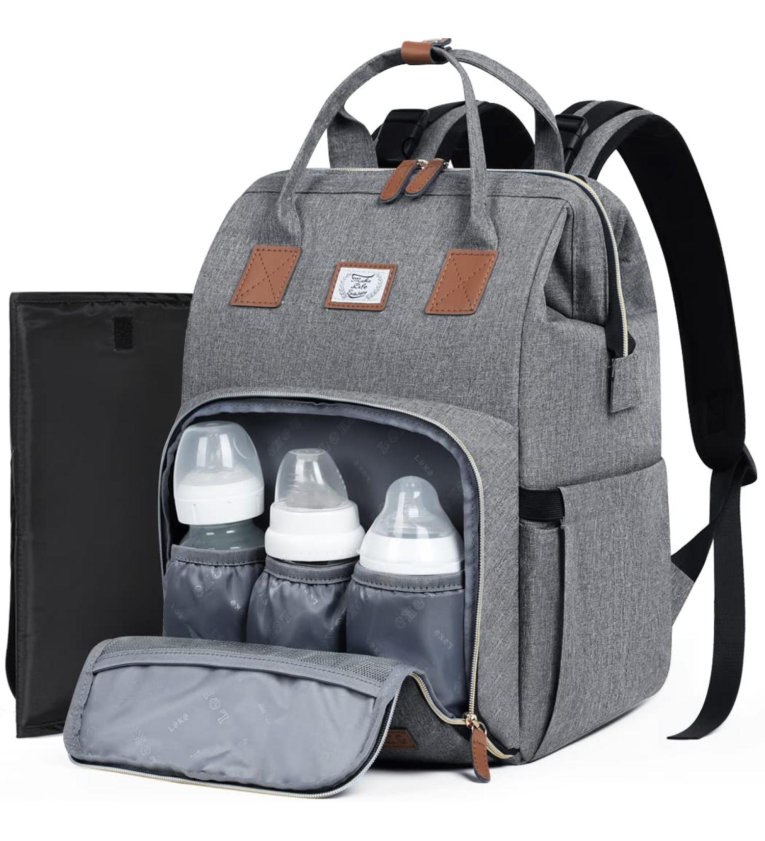 Buy Lekespring Waterproof Baby Diaper Backpack - Large Gray with Changing Pad & Stroller Belts - Ideal Baby Bag for Parents - Buy Online on GoSupps.com