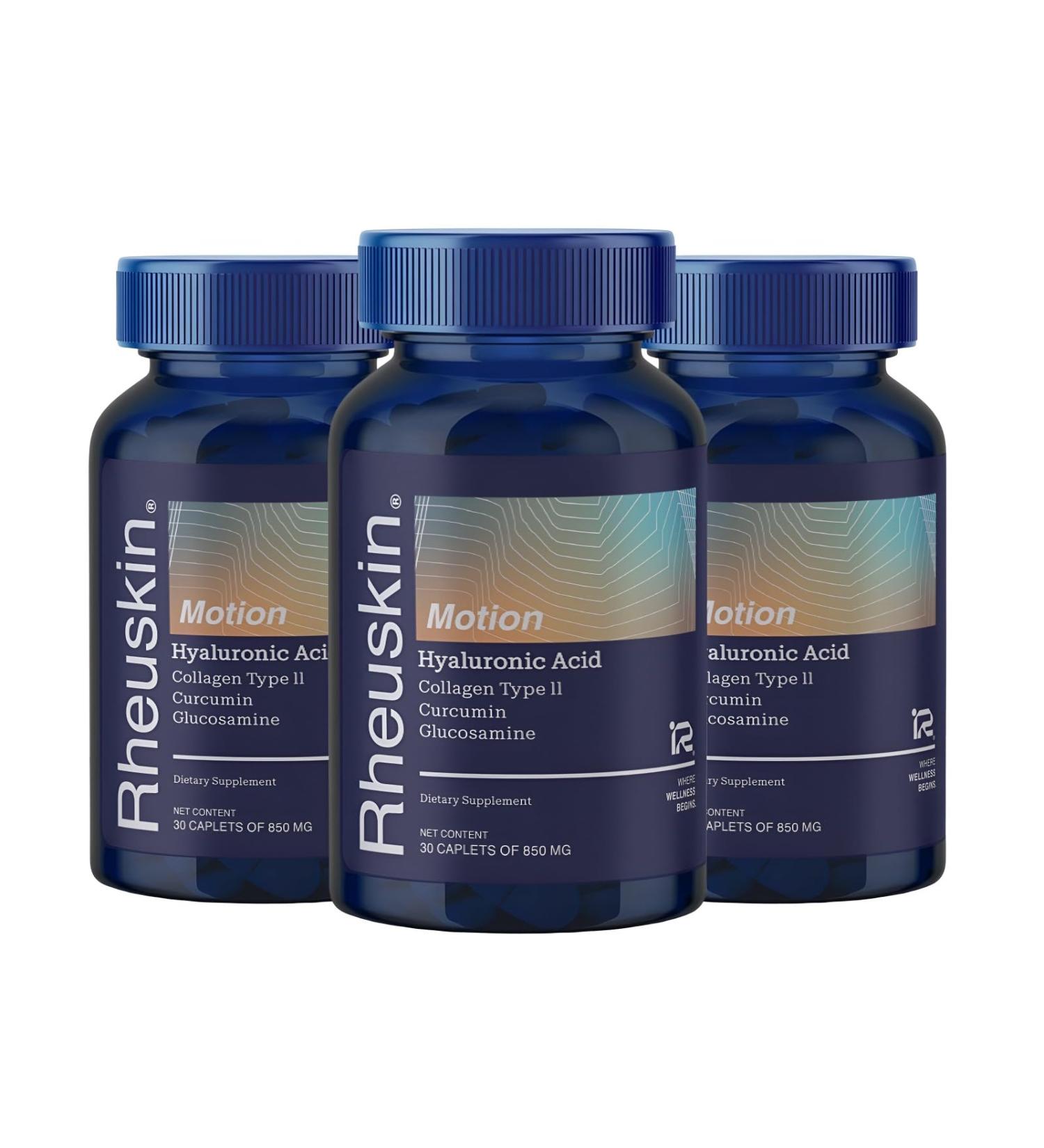 Rheuskin Motion 3 Pack Advanced Joint Support: Hyaluronic Acid + Glucosamine + Curcumin + Type II Collagen Flexibility Mobility & Comfort 90 Caplets 850 mg - Buy Online on GoSupps.com