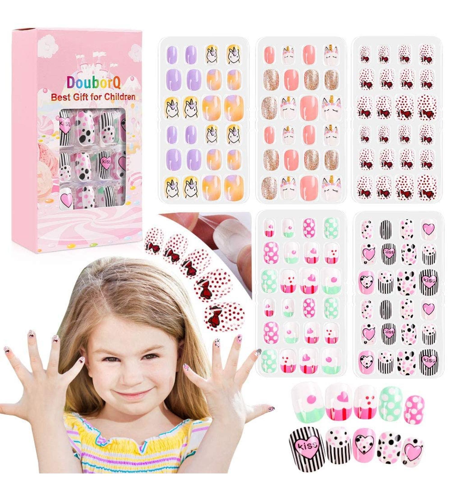 DouborQ 120 pcs 5 Pack Little Girls Pre-glue Press on Nail Tips - Cute Cartoon Design Fake Nails for Kids Gift - Buy Online on GoSupps.com