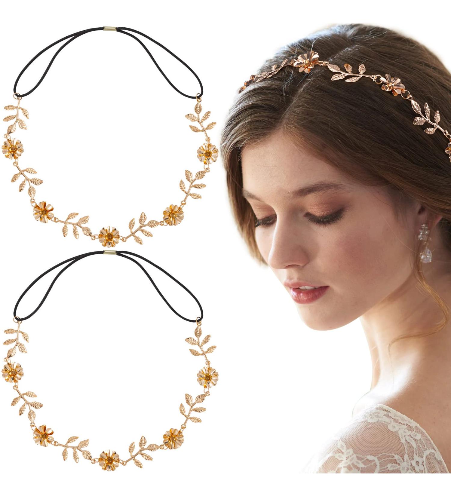 HINZIC 2Pcs Elastic Flower & Gold Leaves Headbands - Wedding Hair Jewelry for Bride Women | Hair Accessories for Valentine's, Engagement, Birthday, Christmas - Buy Online on GoSupps.com