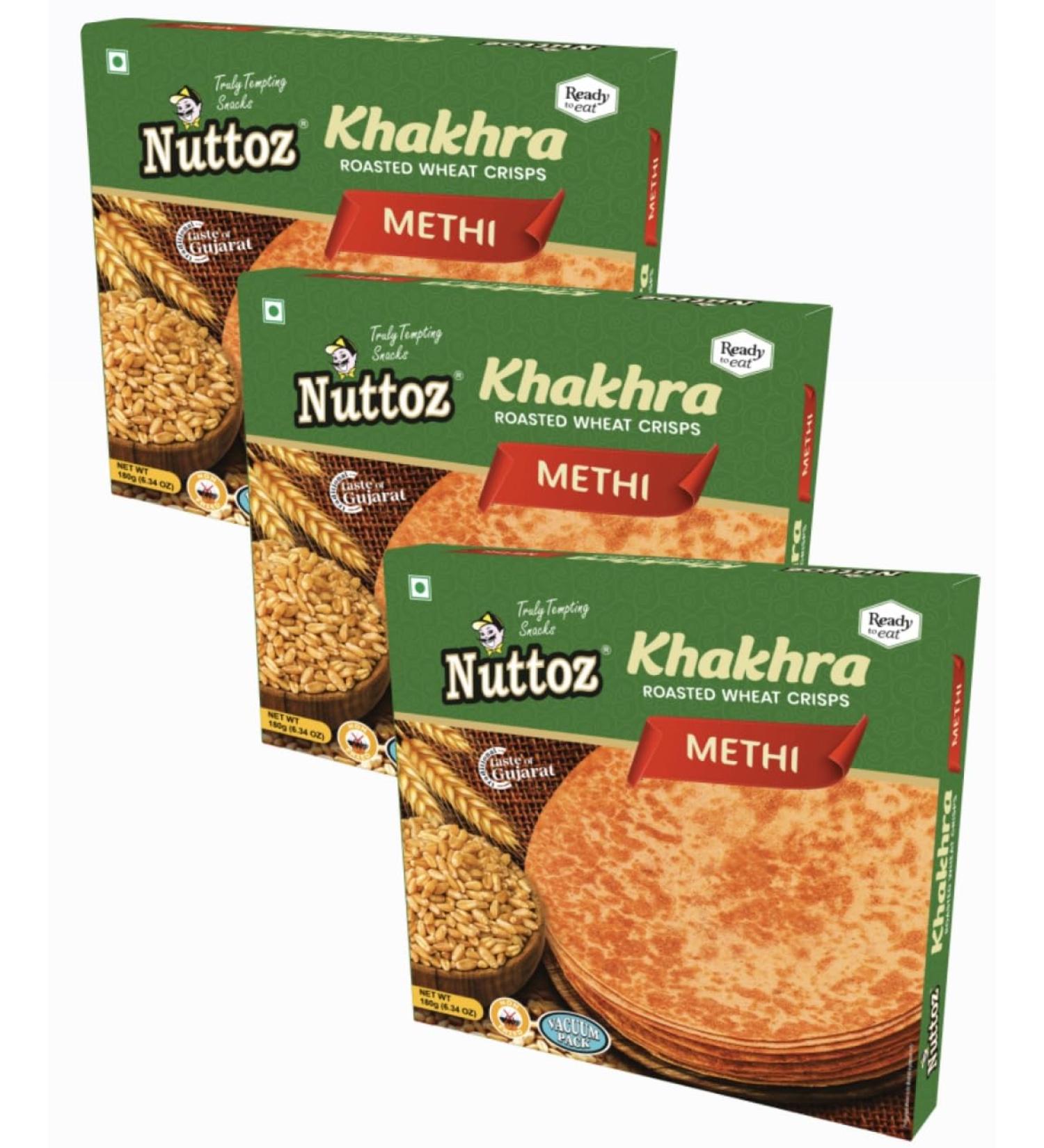 Nuttoz METHI Khakhra ROASTED WHEAT CRISPS 180g (PACK OF 3) 60.00 g (Pack of 3) - Buy Online on GoSupps.com