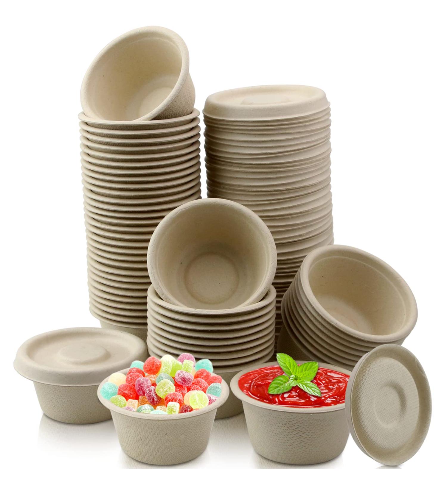 60 Sets 2oz Natural Bagasse Fiber Condiment Cups with Lids - Compostable & Disposable Sauce Containers for Snacks - Eco-Friendly Sample Cups - Buy Online on GoSupps.com