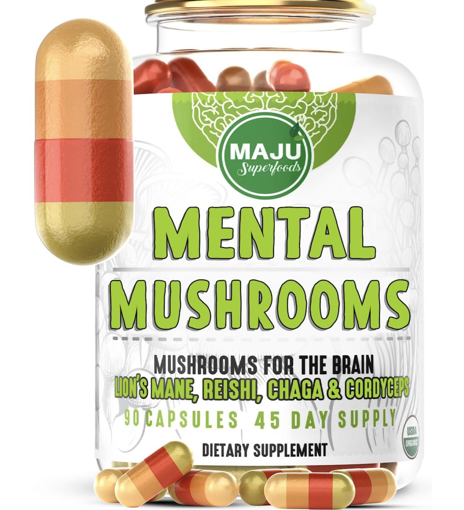 Organic Mental Mushroom Capsules with Lion's Mane, Cordyceps, Reishi, Chaga - 90ct. Boost Focus, Energy, Wellness - Immune Support & Nootropic Mushrooms - Buy Online on GoSupps.com