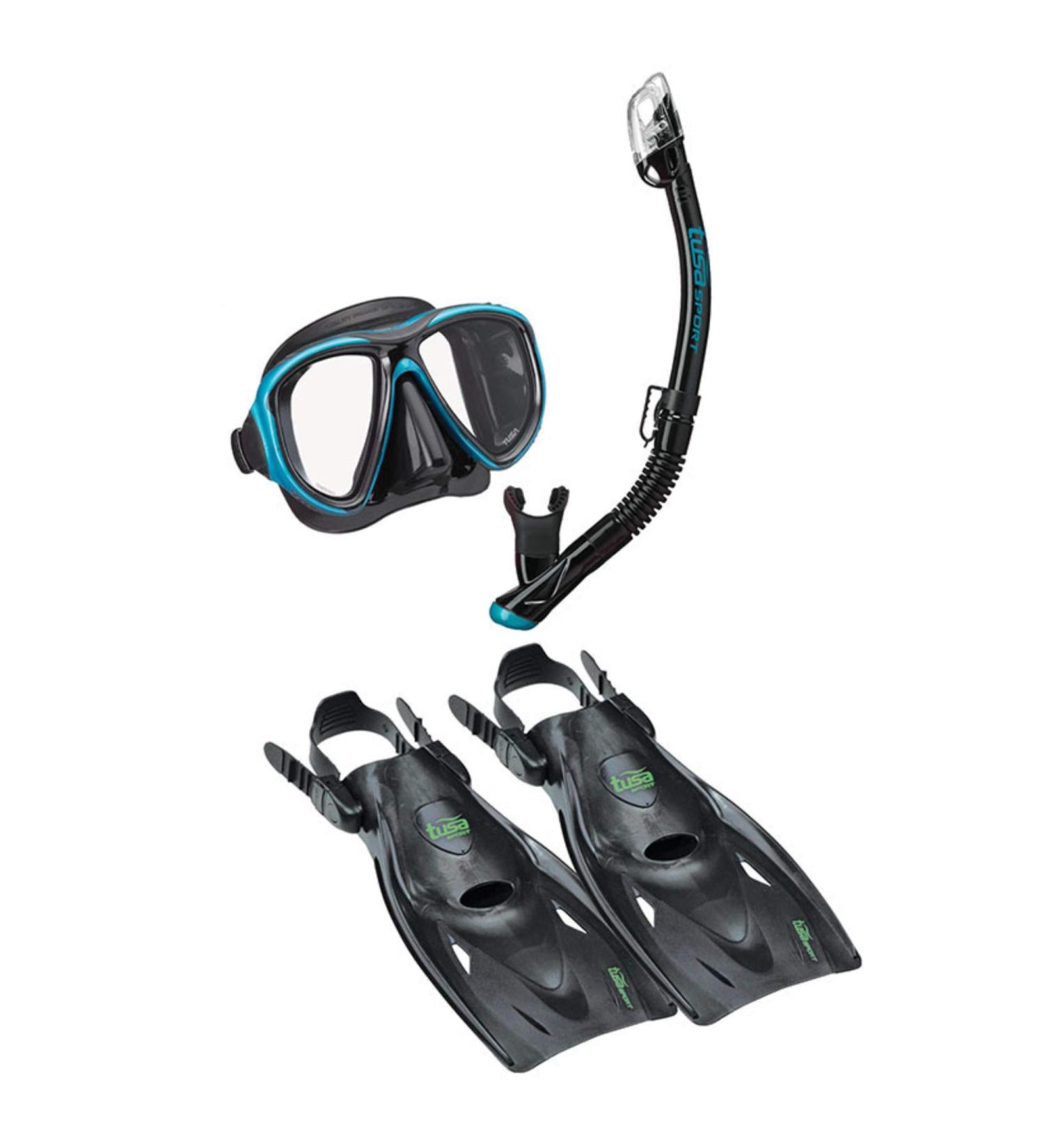 TUSA Sport Adult Powerview Mask, Dry Snorkel & Fins Travel Set - Large Black/Ocean Green - Buy Online on GoSupps.com