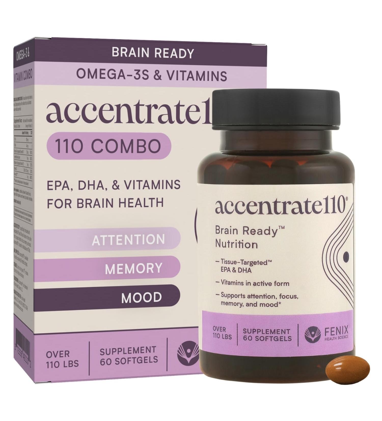 Accentrate110 - Focus Supplement - Methylated Vitamin B Complex with Omega 3 Fatty Acid Supplement - L-Methylfolate Vitamin B12 P-5-P Riboflavin VIT D 60 Softgels (1 Month Supply) Teen/Adult - Buy Online on GoSupps.com