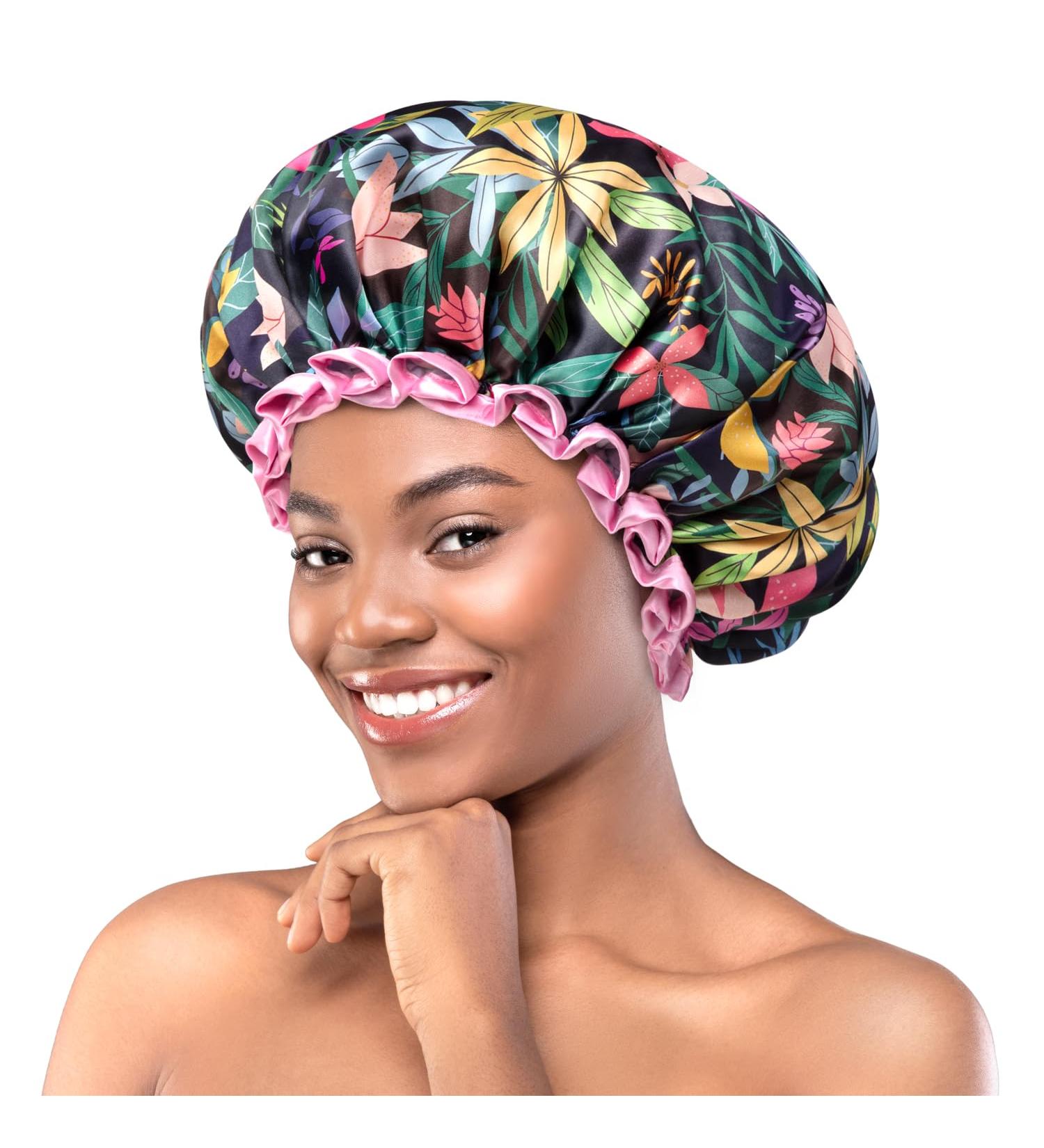Mikimini Waterproof Shower Hood for Women & Girls - 2 Pack Rainforest Floral with Pink Lace - Reusable Medium Size - Buy Online on GoSupps.com