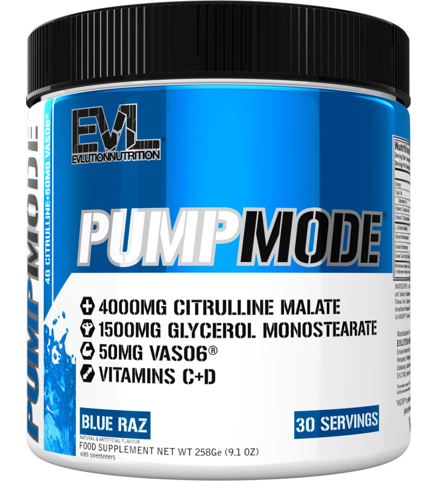 Evlution Nutrition Pump Mode Nitric Oxide Booster to Support Intense Pumps, Performance and Vascularity, 30 Servings (Blue Raz)
