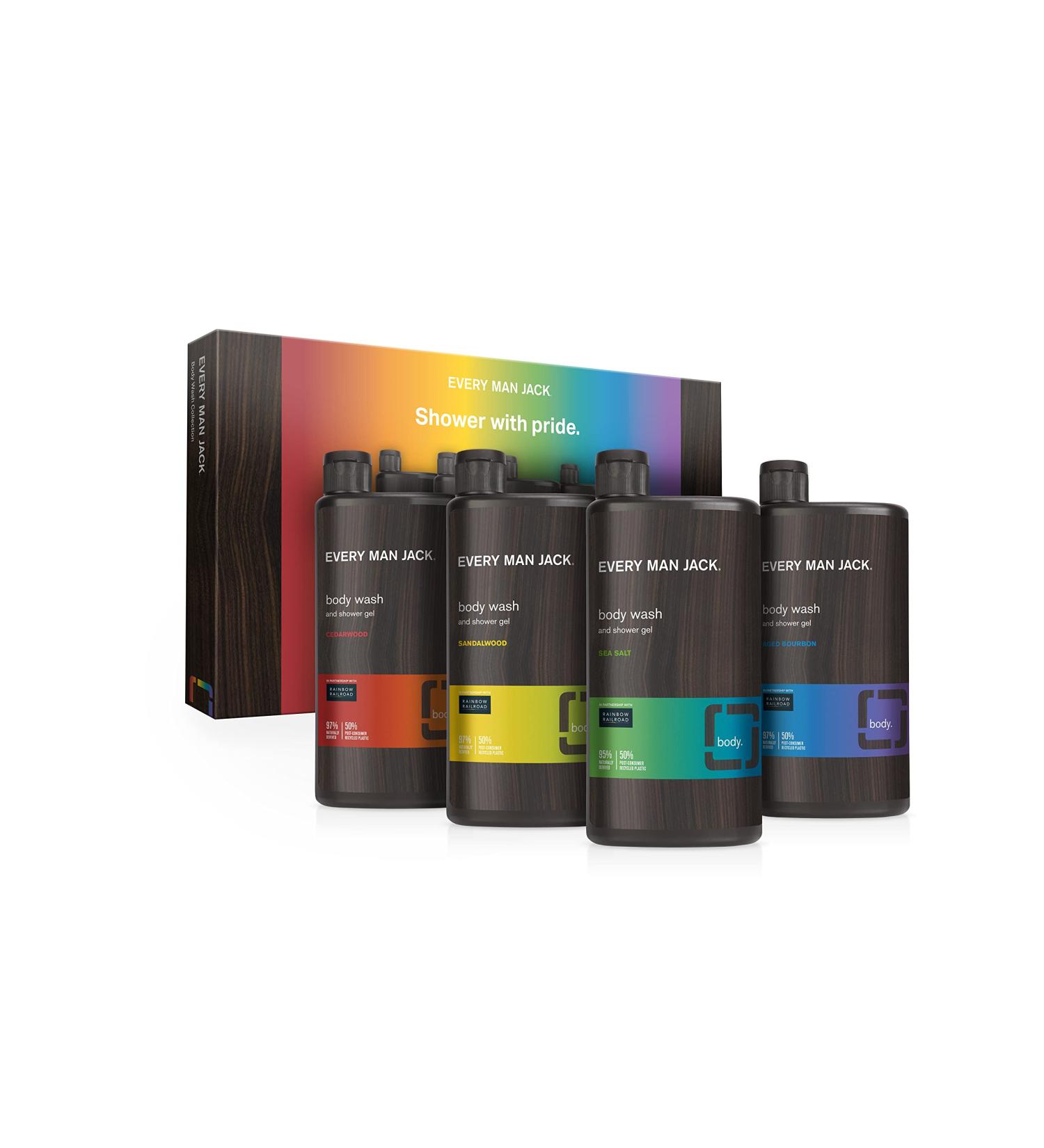 Every Man Jack Pride Body Wash Box - 4 Clean & Incredible Scents: Sandalwood, Cedarwood, Aged Bourbon, Sea Salt - Ideal Gift Set - Buy Online on GoSupps.com