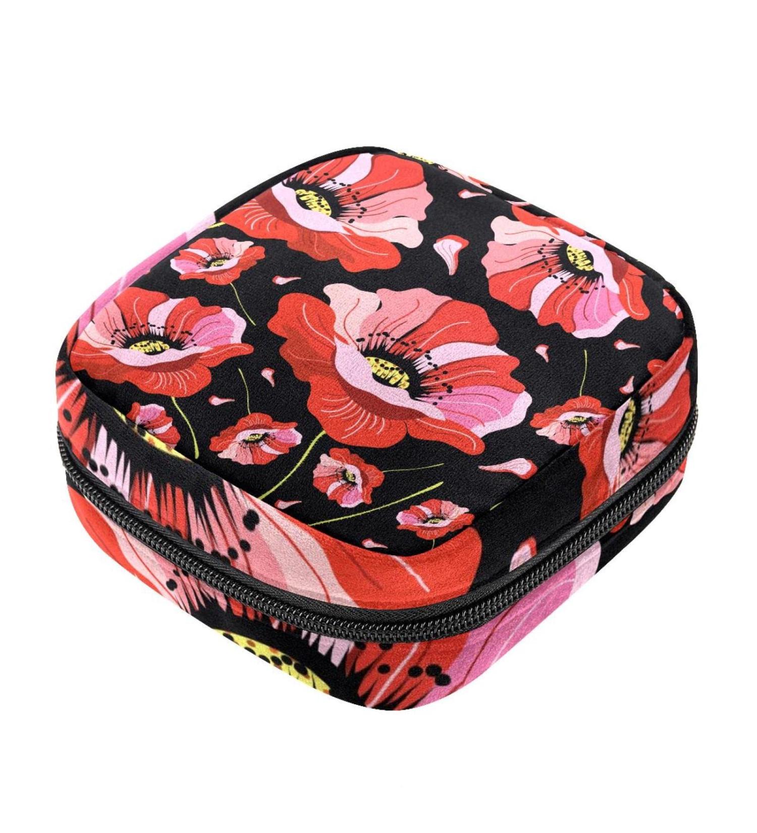 Floral Menstrual Cup Storage Bag for Women - Large Capacity Makeup Organizer with Red Poppy Design - Perfect for Travel - Buy Online on GoSupps.com