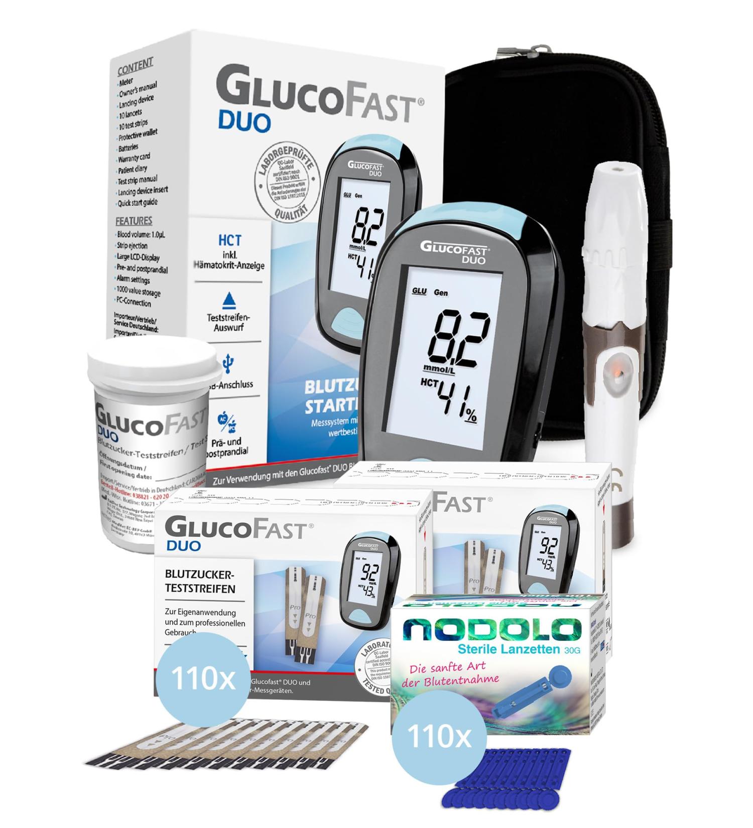 Gluco Fake Duo Blood Sugar Measuring Device Set | 110 Test Strips & Lanzetten | Precise Blood Sugar Measurement | Easy to Use | MMOL/L - Buy Online on GoSupps.com