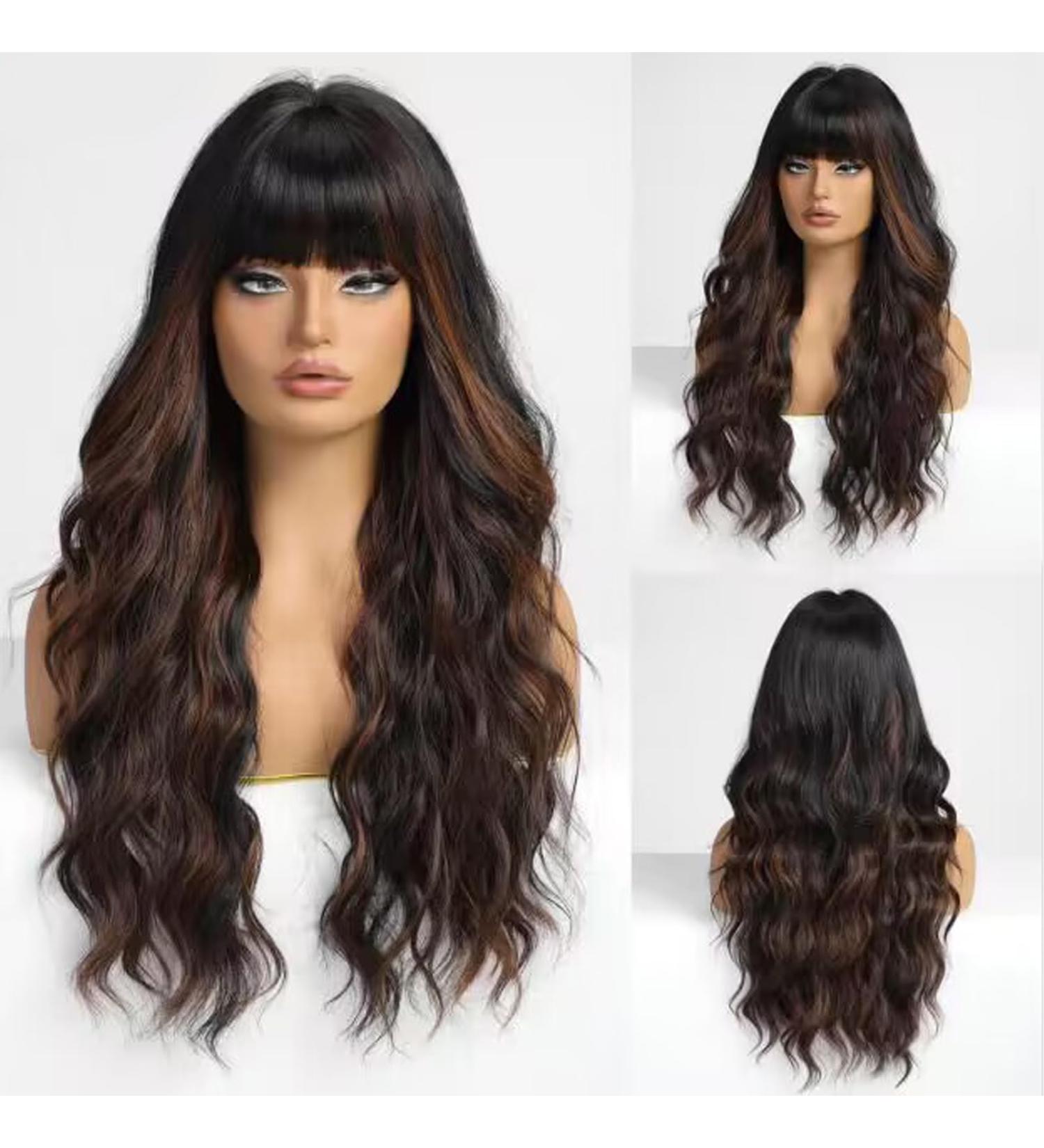 Emmor black-brown highlight wig with pony curly synthetic women's wig long heat-resistant wig for everyday use natural and convenient black with brown strands