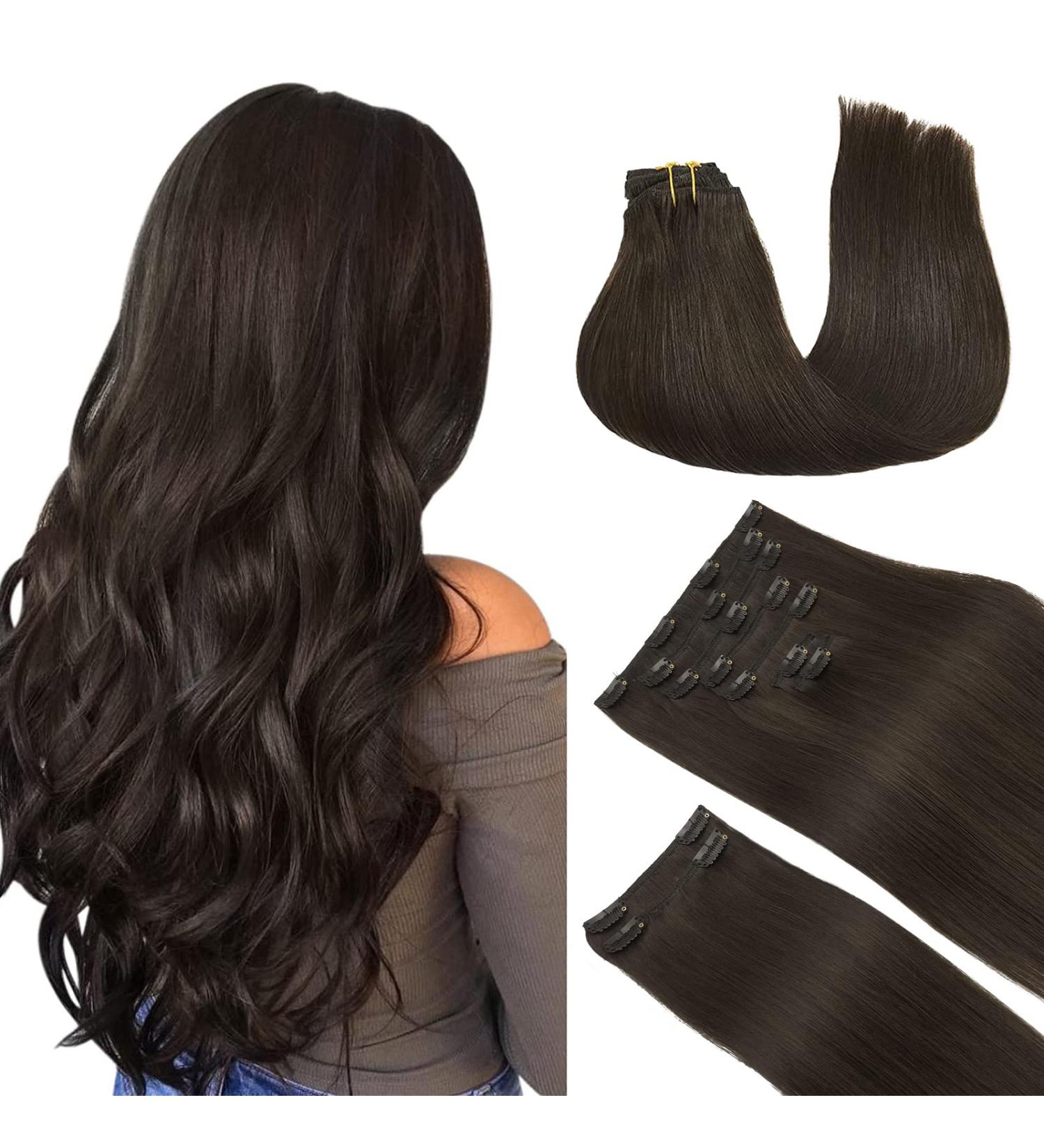 Doores Clip In Extensions - Real Hair Dark Brown 45cm (18 inch) 150g Remy Clip In Hair Extensions - Thick Straight Natural Look | #2 Dark Brown - Buy Online on GoSupps.com