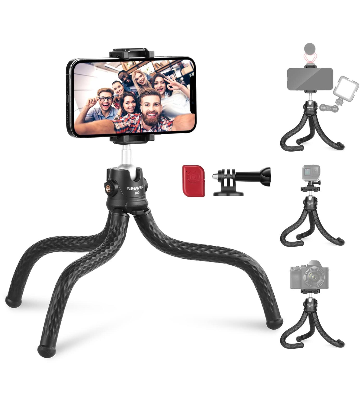 NEEWER T80 Phone Tripod Stand with Remote, Action Camera Mount & Phone Clip - Compatible with GoPro, iPhone, LED Light - Max Load 4.4lb - Buy Online on GoSupps.com