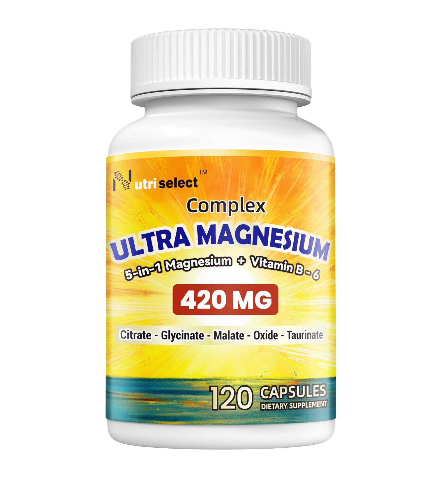 Nutriselect Magnesium Complex Supplement: A 5-in-1 Formula Featuring Citrate glycinate Malate Oxide and taurinate Plus Vitamin B6 for Comprehensive Support