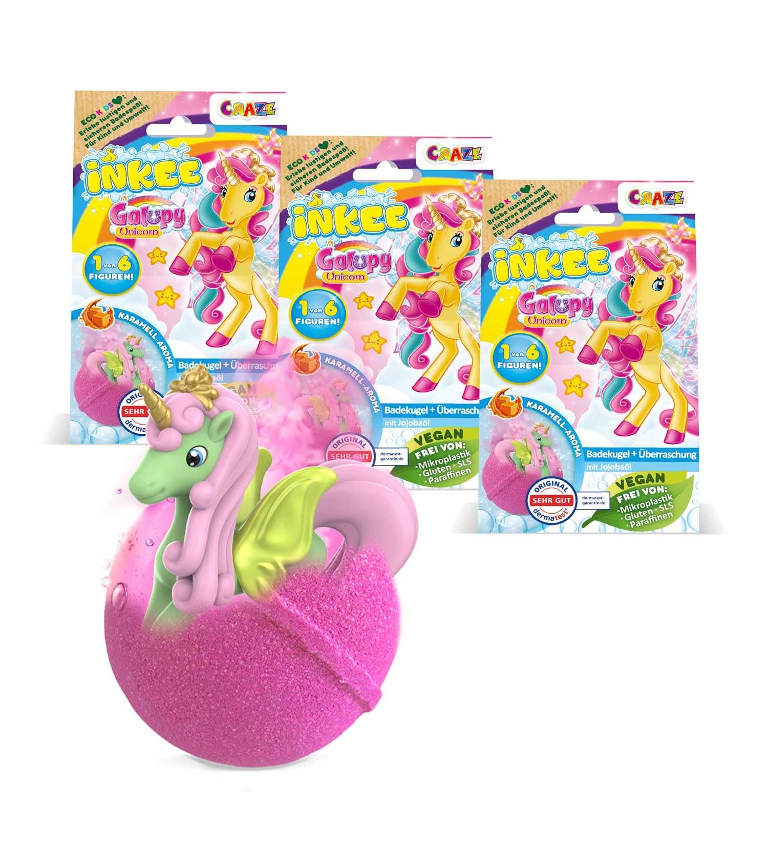 Inkee Galupy Unicorn 3 Set | Surprise Bath Bombs for Kids | 3x 100g Caramel Scented Bathing Balls with Jojoba Oil & Unicorn Figures - Buy Online on GoSupps.com