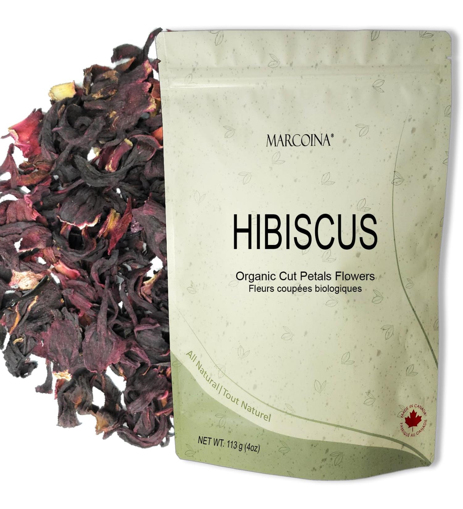 Organic Hibiscus Flowers Herbal Loose Tea by Marcoina - Cut Petals 113g in Resealable Bag Caffeine-Free from Egypt - Perfect for Hot or Cold Brew Tea - Known as Hibiscus sabdariffa. - 4oz. Hibiscus Organic Cut Flower 113-g. / 4-oz. - Buy Online on GoSupps.com