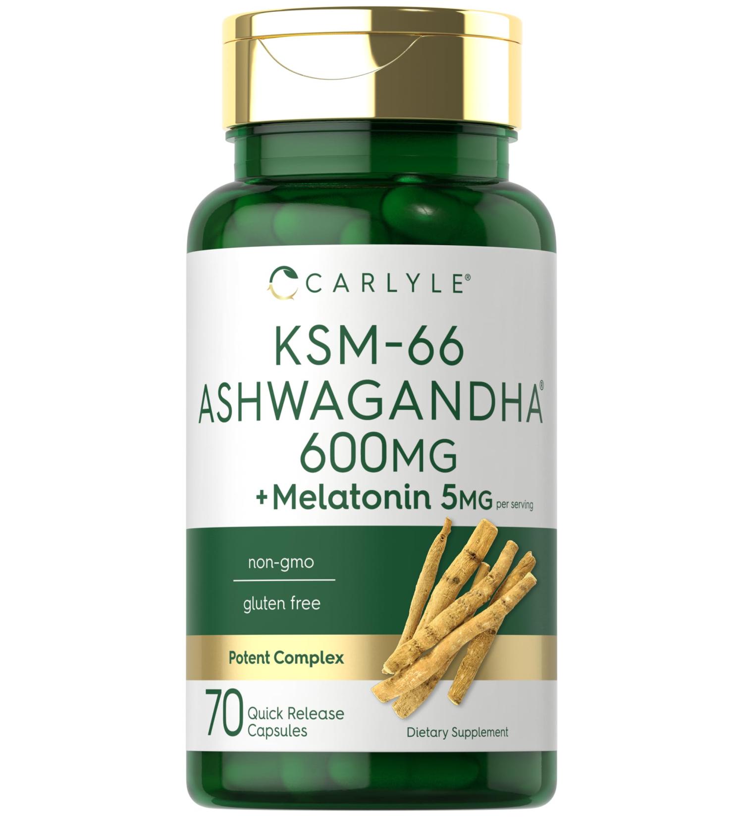 Carlyle KSM-66 Ashwagandha Capsules 600mg | 70 Count | with Melatonin 5mg | Potent Complex | Non-GMO Gluten Free - Buy Online on GoSupps.com
