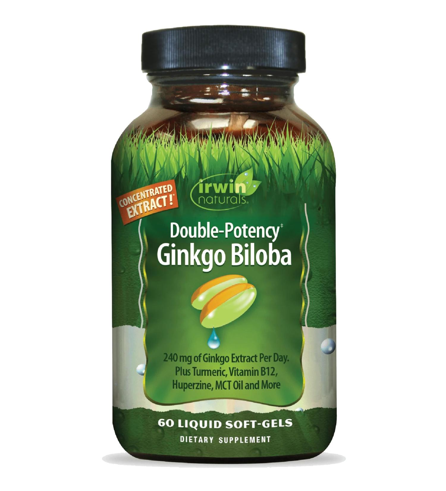 Irwin Naturals Double-Potency Ginkgo Biloba 240mg Extra Strength Brain Health Supplement - Enhance Memory, Mental Focus, Alertness, Concentration & Herbal Energy Booster - 60 Liquid Softgels - Buy Online on GoSupps.com