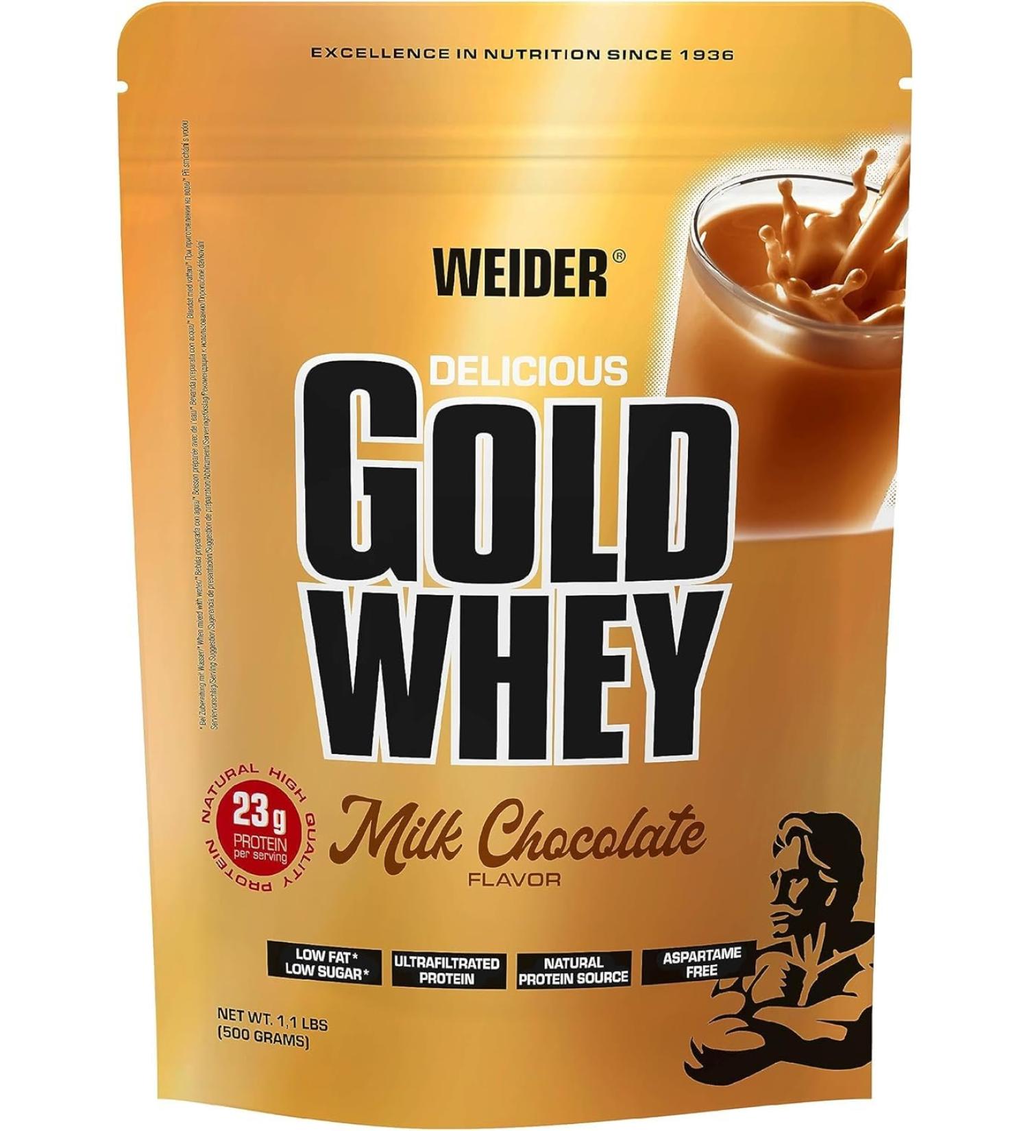 Weider Gold Whey Protein Powder - Milk Chocolate Low Carb & Fat High Protein for Muscle Gain - 500g Bag - Buy Online on GoSupps.com