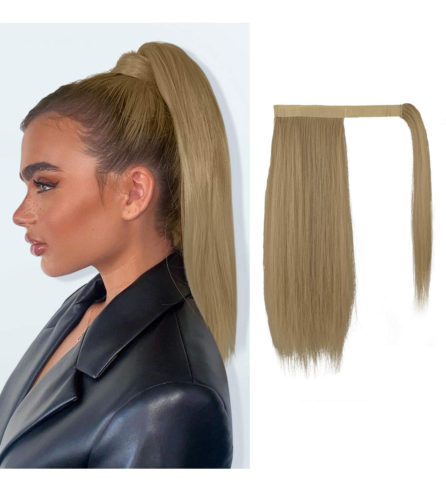FESHFEN Straight Ponytail Extension 14 Inch Blonde 24# Wrap Around Clip-in Hair Piece for Women and Girls - Synthetic Long Ponytail Hairpiece - Buy Online on GoSupps.com