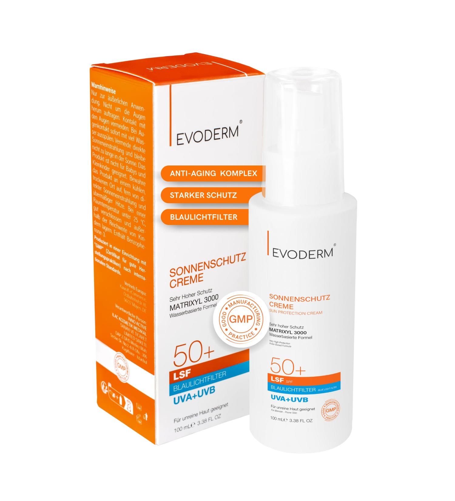 evocapil Evoderm Sunscreen SPF 50+ UVA+UVB + blue light filter waterbased with matrixyl 3000 for impure skin 100 ml - Buy Online on GoSupps.com
