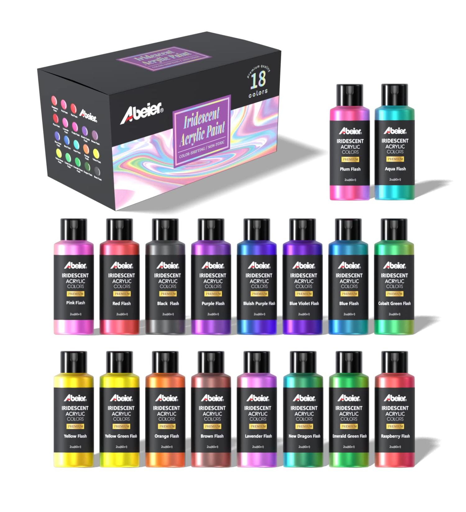 ABEIER Iridescent Acrylic Paint Set - 18 Chameleon Colors - 2oz/60ml Bottles - Non-Toxic, High Viscosity Paint for Rocks, Crafts, Canvas, Wood, Fabric, Ceramic & Stone - Buy Online on GoSupps.com