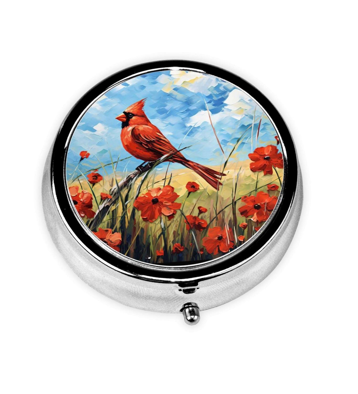 Flower Poppy Cardinal Pill Box | 3 Compartment Portable Medicine Organizer - Decorative Metal Vitamin Case for Pocket & Purse - Buy Online on GoSupps.com