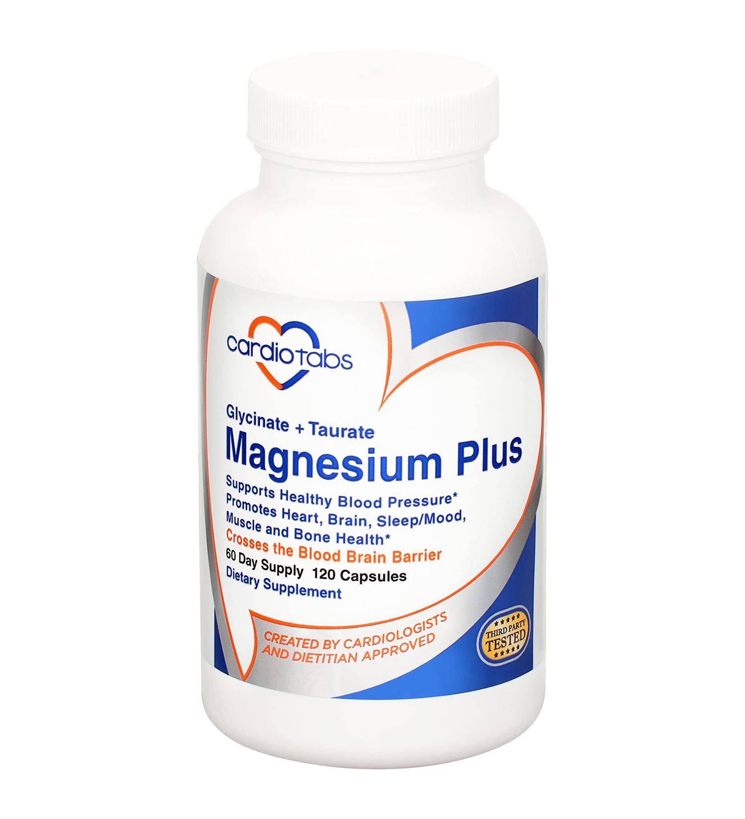 Cardiotabs Magnesium Plus - 200mg Magnesium Glycinate & Taurate Capsules - Blood Pressure, Heart, Brain, Sleep & Mood Support - 120ct - Buy Online on GoSupps.com