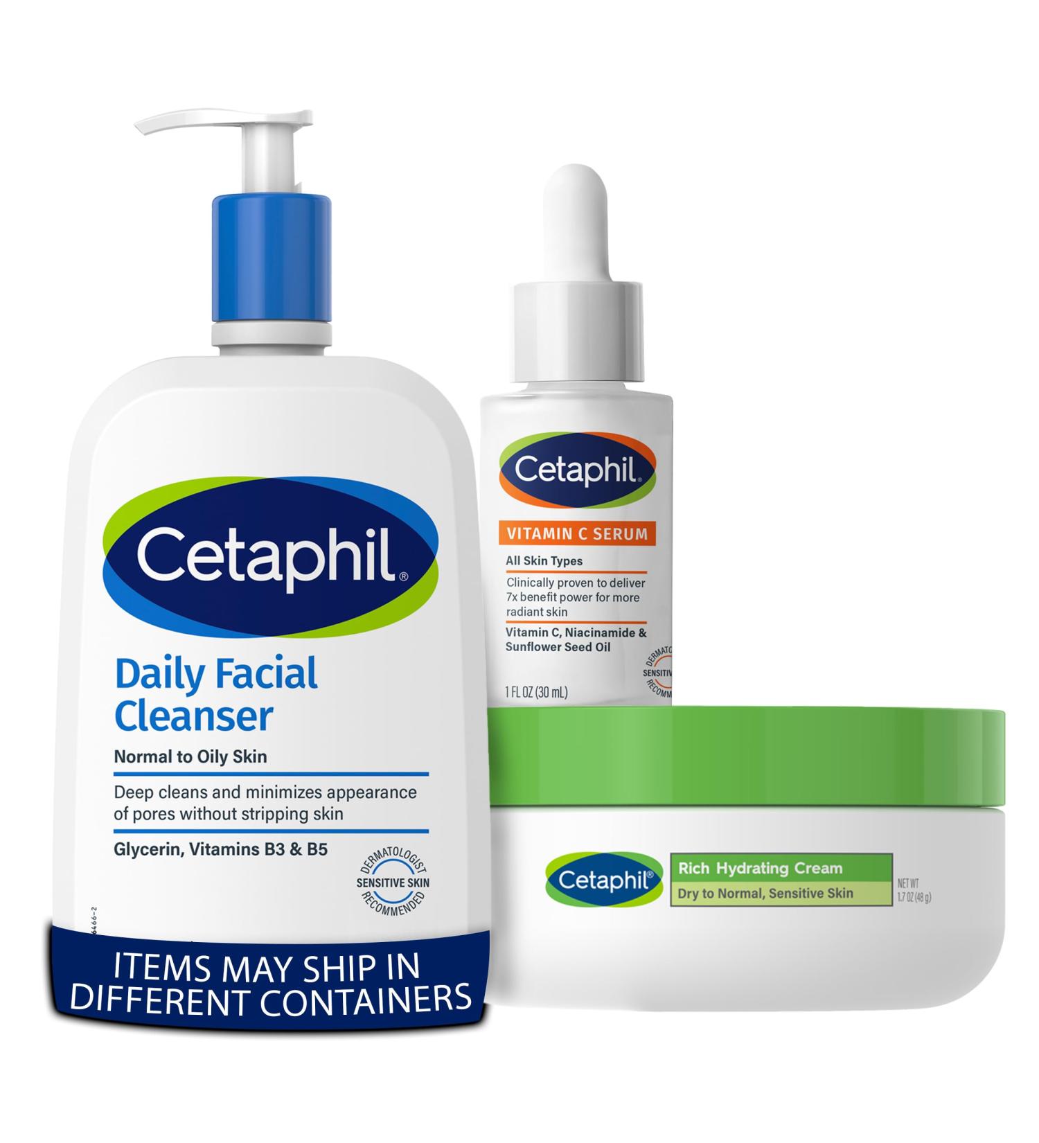 Cetaphil Vitamin C Serum 1oz + Rich Hydrating Night Cream For Face 1.7 oz Moisturizing Cream + Face Wash Daily Facial Cleanser for Sensitive Combination to Oily Skin 20 oz Bundle
