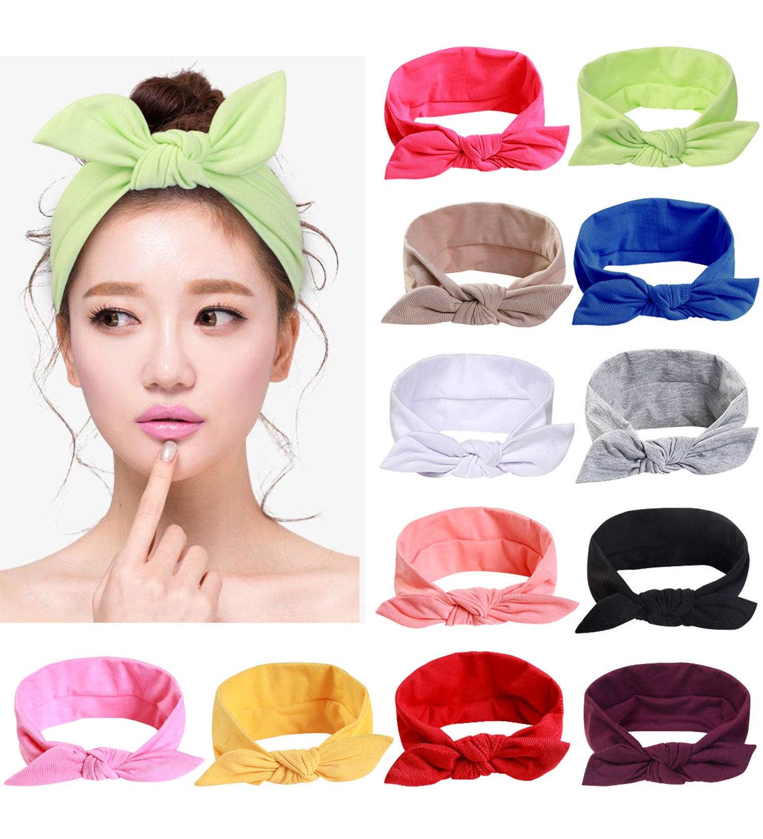 12pcs Solid Color Headbands for Women with Bows - Cotton Stretchy Hair Bands for Fashion & Sport - Buy Online on GoSupps.com