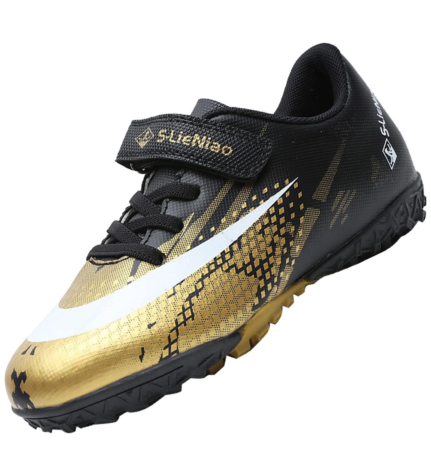 Vlookst Soccer Shoes for Boys & Girls - Unisex Artificial Turf Football Shoes | Indoor & Outdoor Training Sneakers | Black & Gold (EU Size 30-39) - Buy Online on GoSupps.com