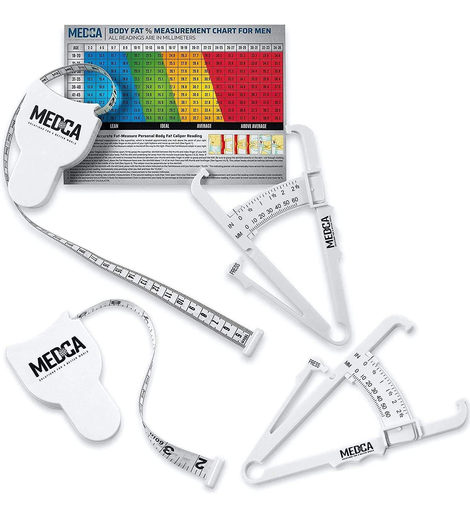 Body Tape Measure and Skinfold Caliper Body Fat Monitor Set - (Pack of 2) - Double Sided Body Tape Measures (150 cm /60 inches) - Skin Fold Body Fat Analyzer and BMI Measurement Tool  White by MEDca - Buy Online on GoSupps.com