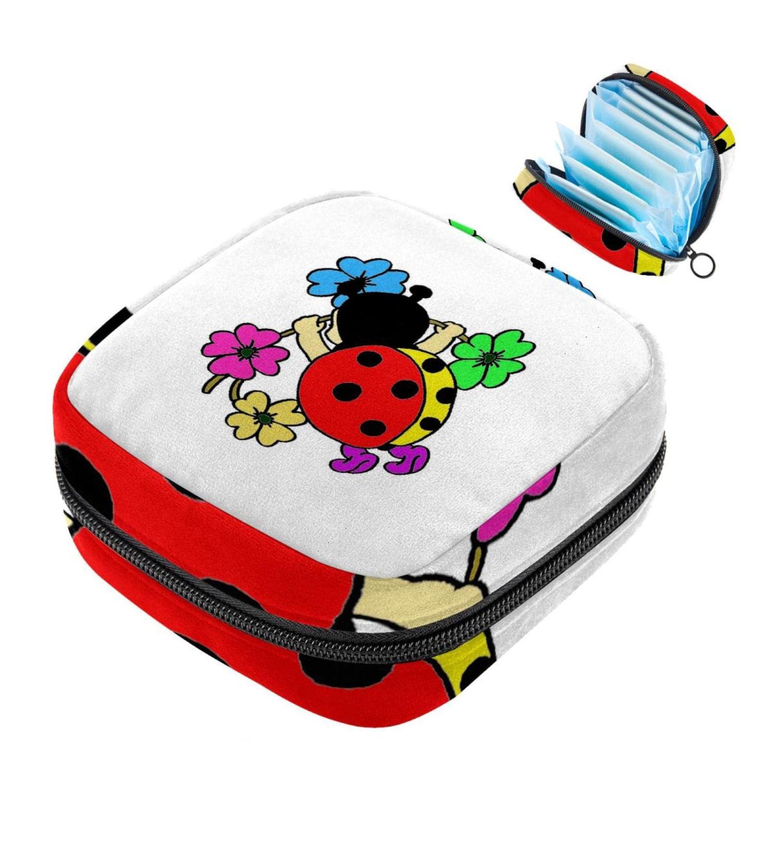 Menstruation Pocket Bag for Women & Girls - Zippered Tampon Organizer with Cartoon Ladybugs & Colorful Flowers | Stylish & Practical - Buy Online on GoSupps.com