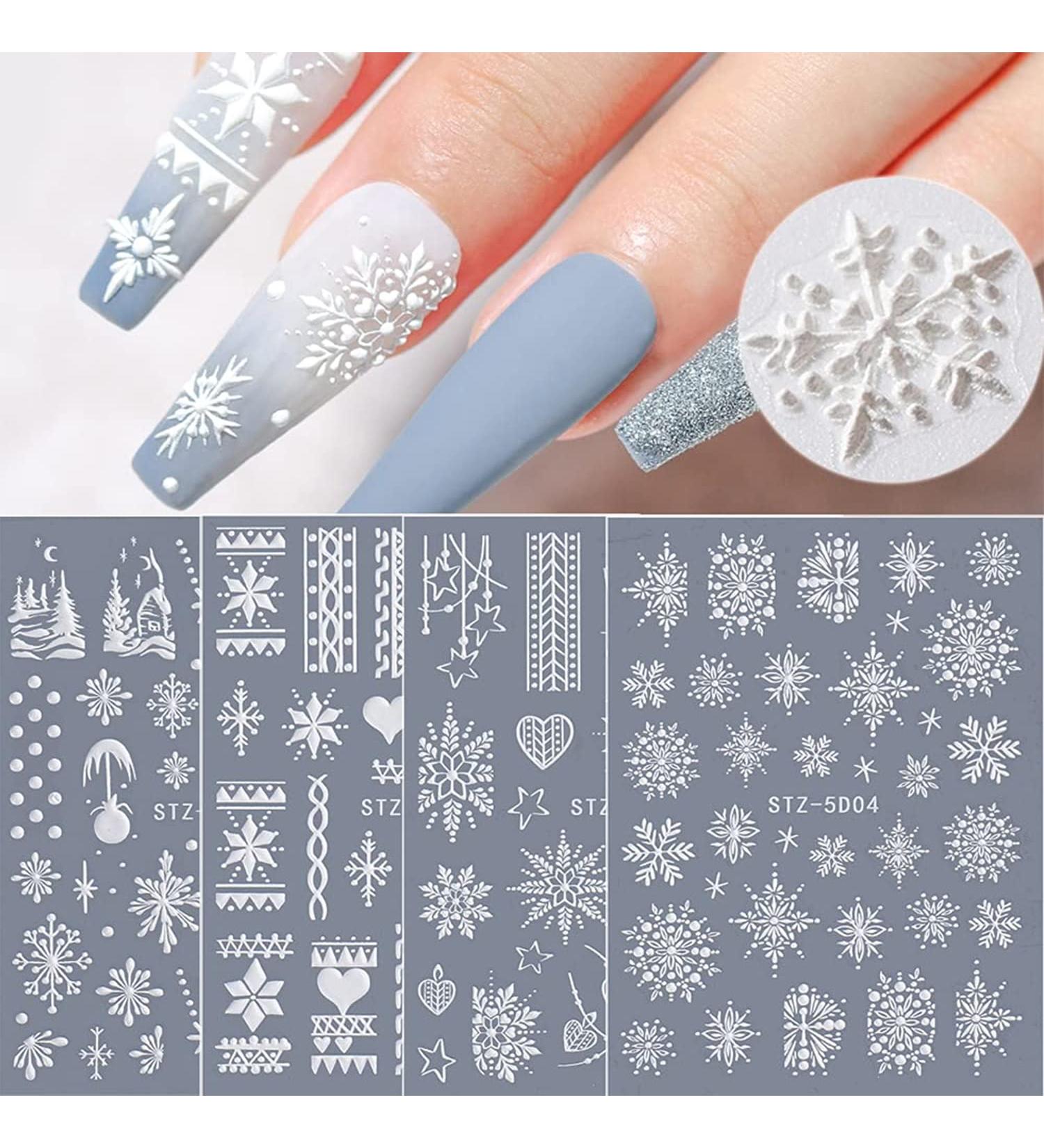 Snowflakes Nail Art Stickers | 5D Hollow Xmas & New Year Design | Luxurious DIY Acrylic Nail Decals - 4 Sheets - Buy Online on GoSupps.com