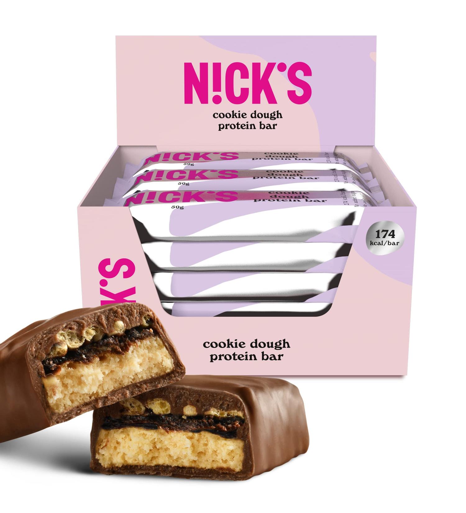 NICKS Keto Protein Bars Cookie Dough 12x50g Multipack - 15g Protein, 174 Calories, Low Carb, No Added Sugar, Gluten Free - Chocolate Snacks - 12 Count Pack - Buy Online on GoSupps.com