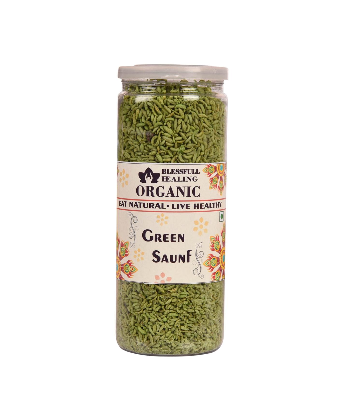 Blessfull Healing Organic Green Saunf 200 Gram Airtight Container (Packing May Vary)