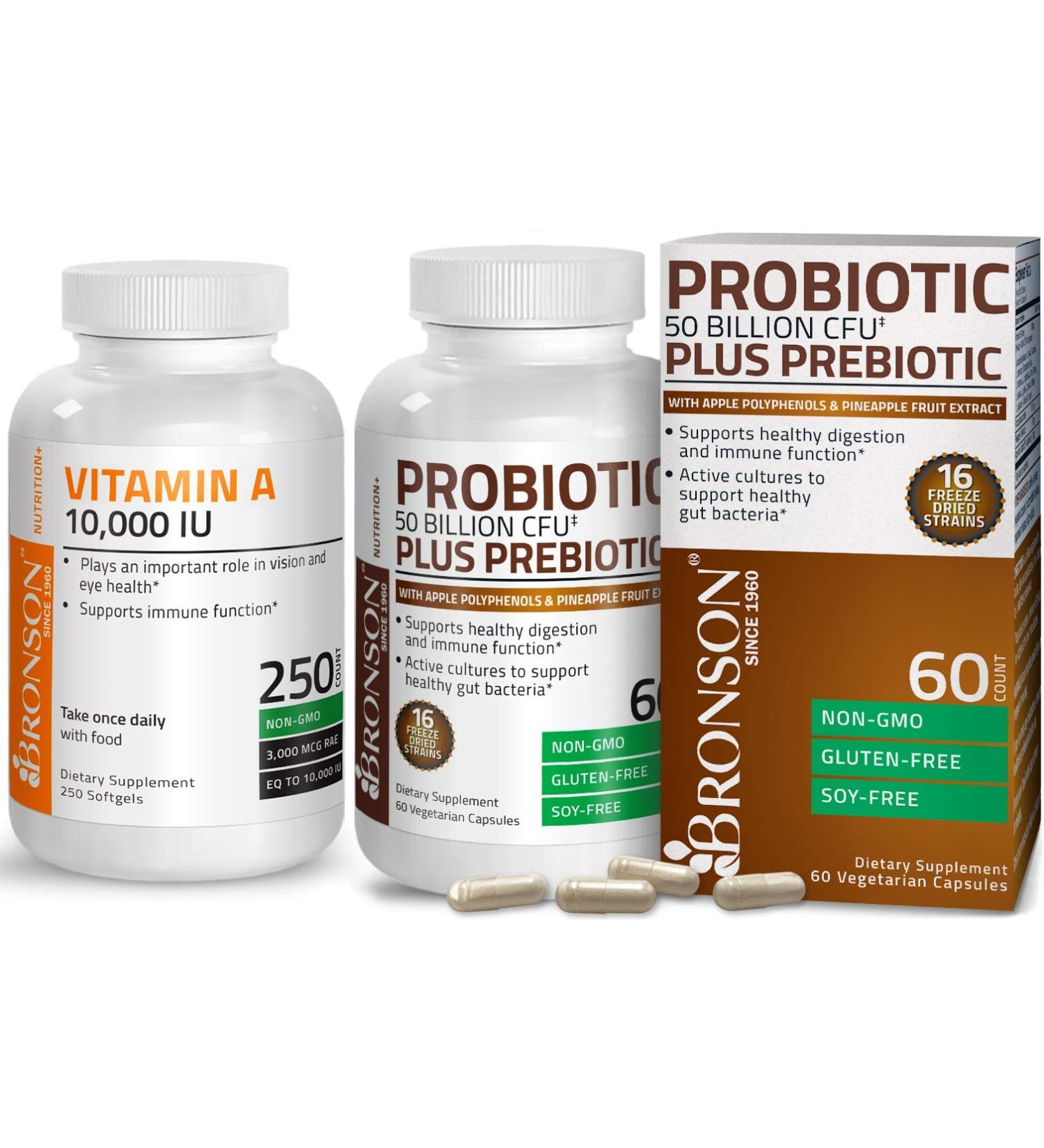 Bronson Probiotic 50 Billion CFU + Prebiotic with Apple Polyphenols & Pineapple Fruit Extract + Vitamin A 10 000 IU Premium Non-GMO Formula - Buy Online on GoSupps.com