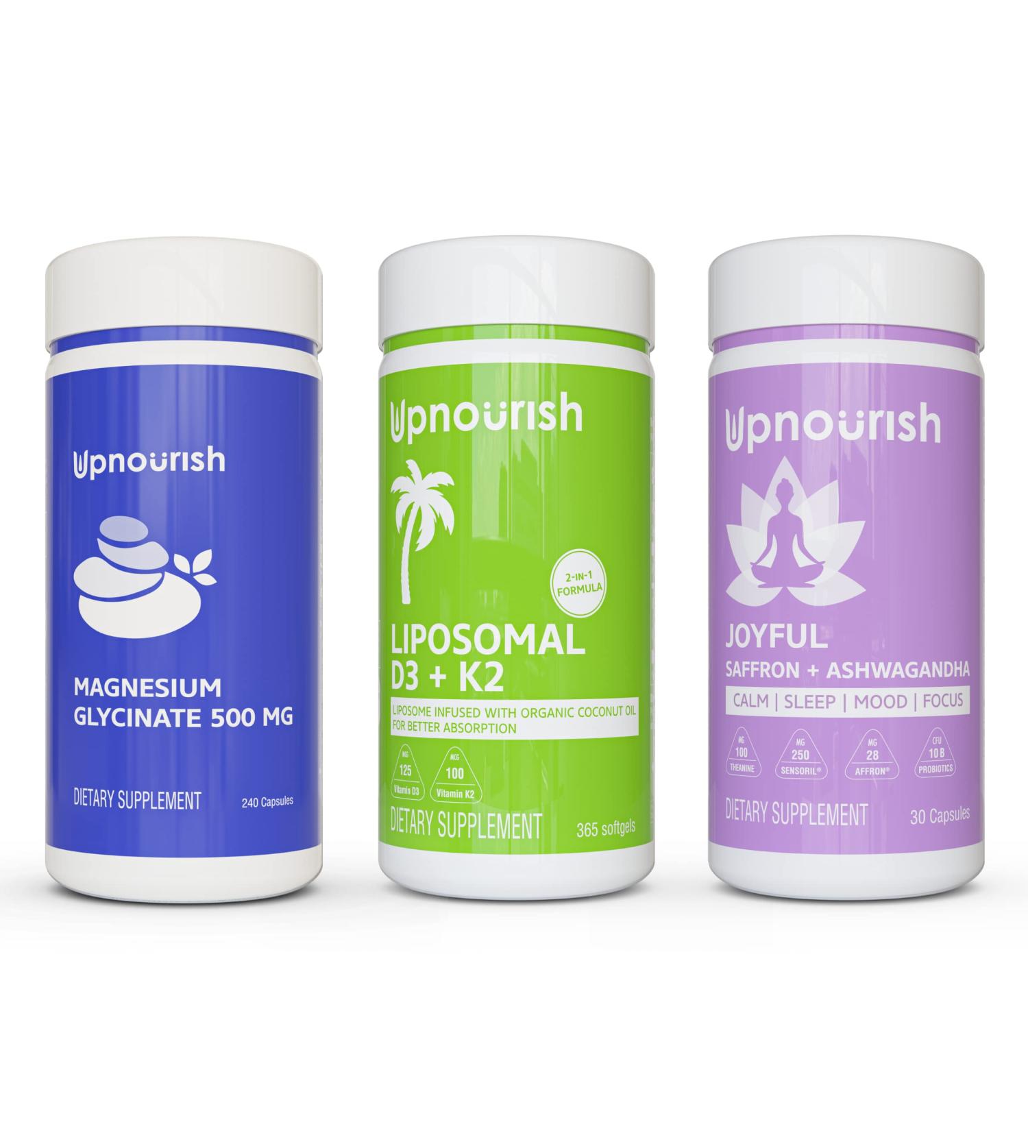 Magnesium Glycinate + Liposomal Vitamin D3, K2, Ashwagandha, Saffron Bundle - Buy Online on GoSupps.com