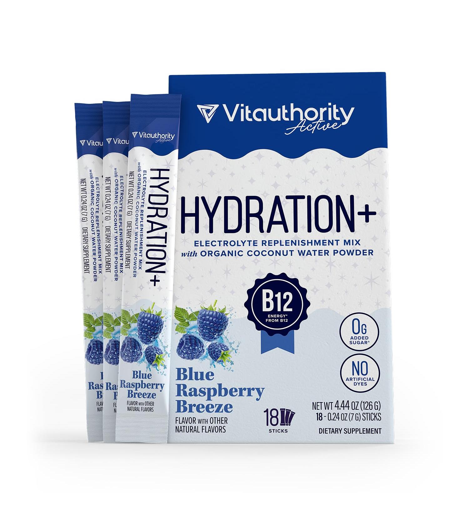 Hydration Electrolyte Powder Packets Blend Magnesium Calcium Sodium Potassium | Coconut Water + Vitamin C & B12 | Sugar-Free Vegan Non-GMO Energy & Immune Support 18 Servings Blue Raspberry Flavor - Buy Online on GoSupps.com