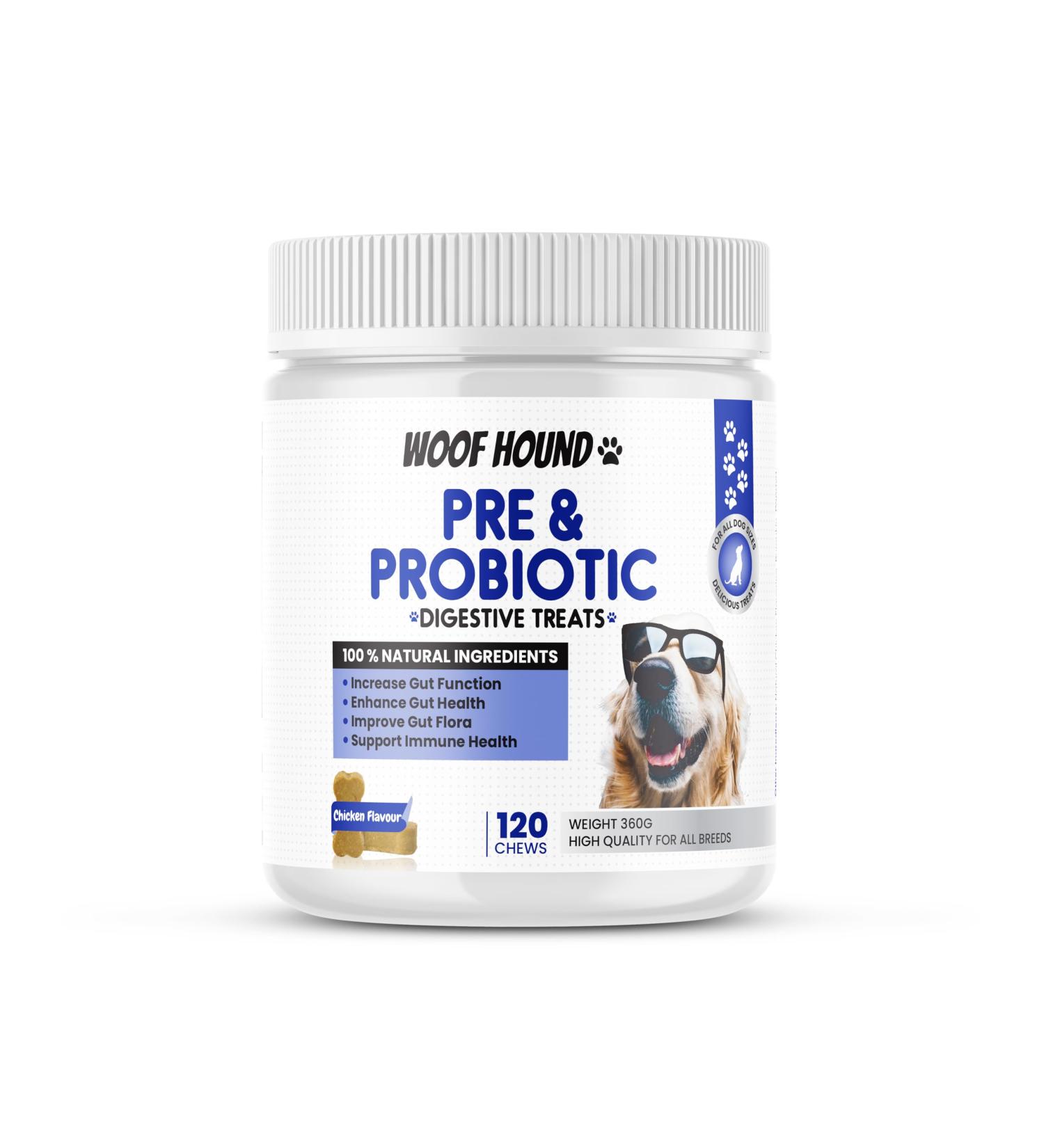 Woof Hound Pre & Probiotics for Dogs 120 Chews Supports Gut & Digestive Health Itchy Skin Healthy Bowel Movement Natural ingredients Allergy Itch Relief For All Breeds - Buy Online on GoSupps.com