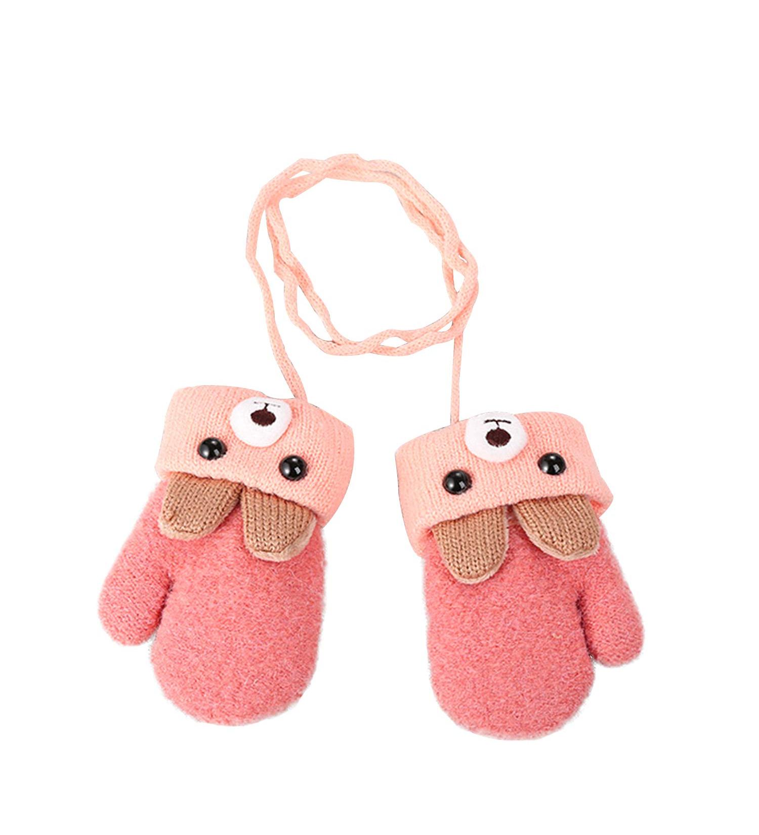 Ruixia Kids Winter Knitted Bear Gloves | Cute Cartoon Hang Neck Mittens | Newborn Baby Warm Thicken Cashmere Mittens | Full Finger Wrist Glove for Boy Girl 0-3Y | Deep Pink - Buy Online on GoSupps.com
