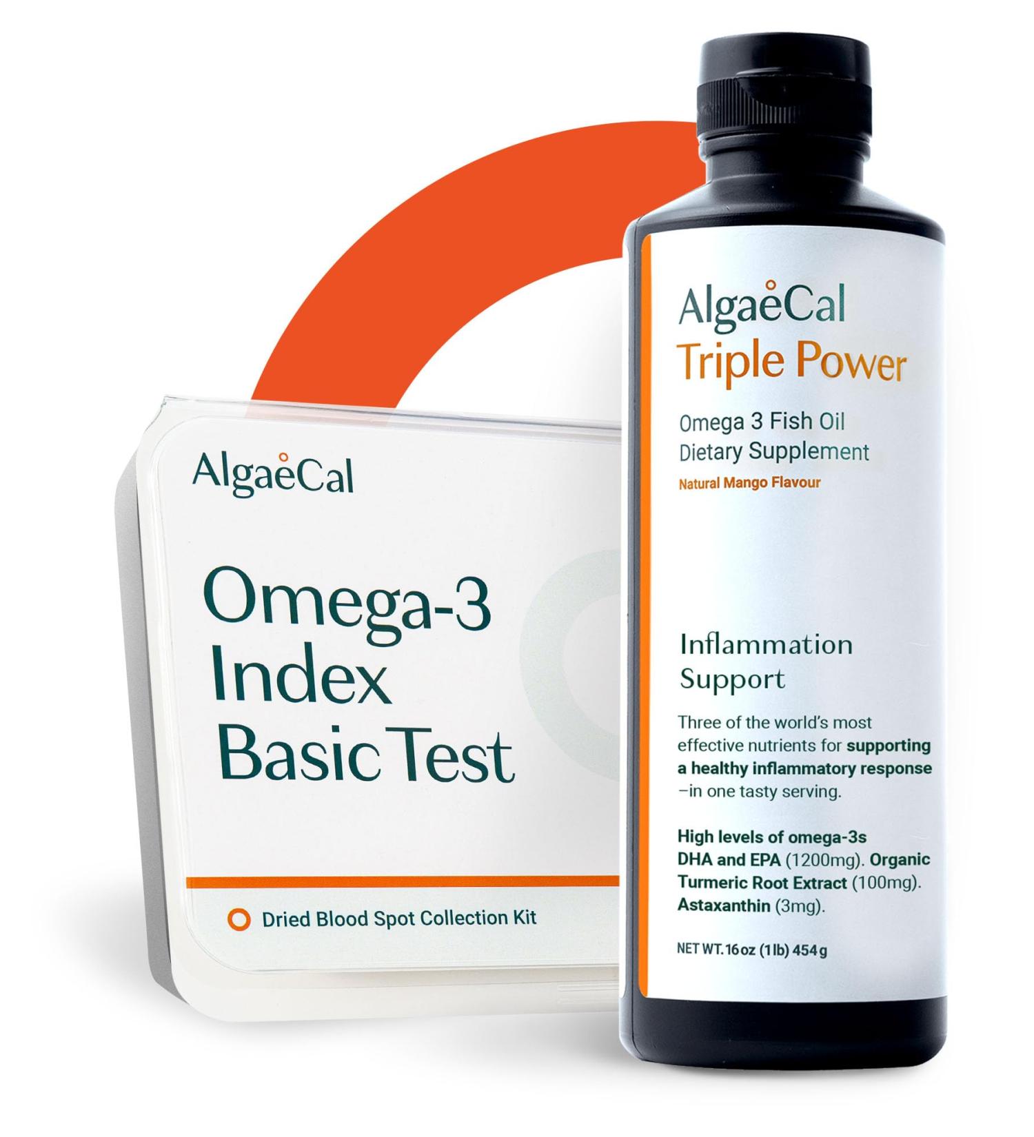 ALGAECAL Triple Power: 1200mg EPA & DHA Omega-3s Fish Oil Supplement Supporting Brain Heart Skin & Bones and Omega-3 Home Test Kit: Easy at-Home Testing with Pre-Paid Return Envelope - Buy Online on GoSupps.com