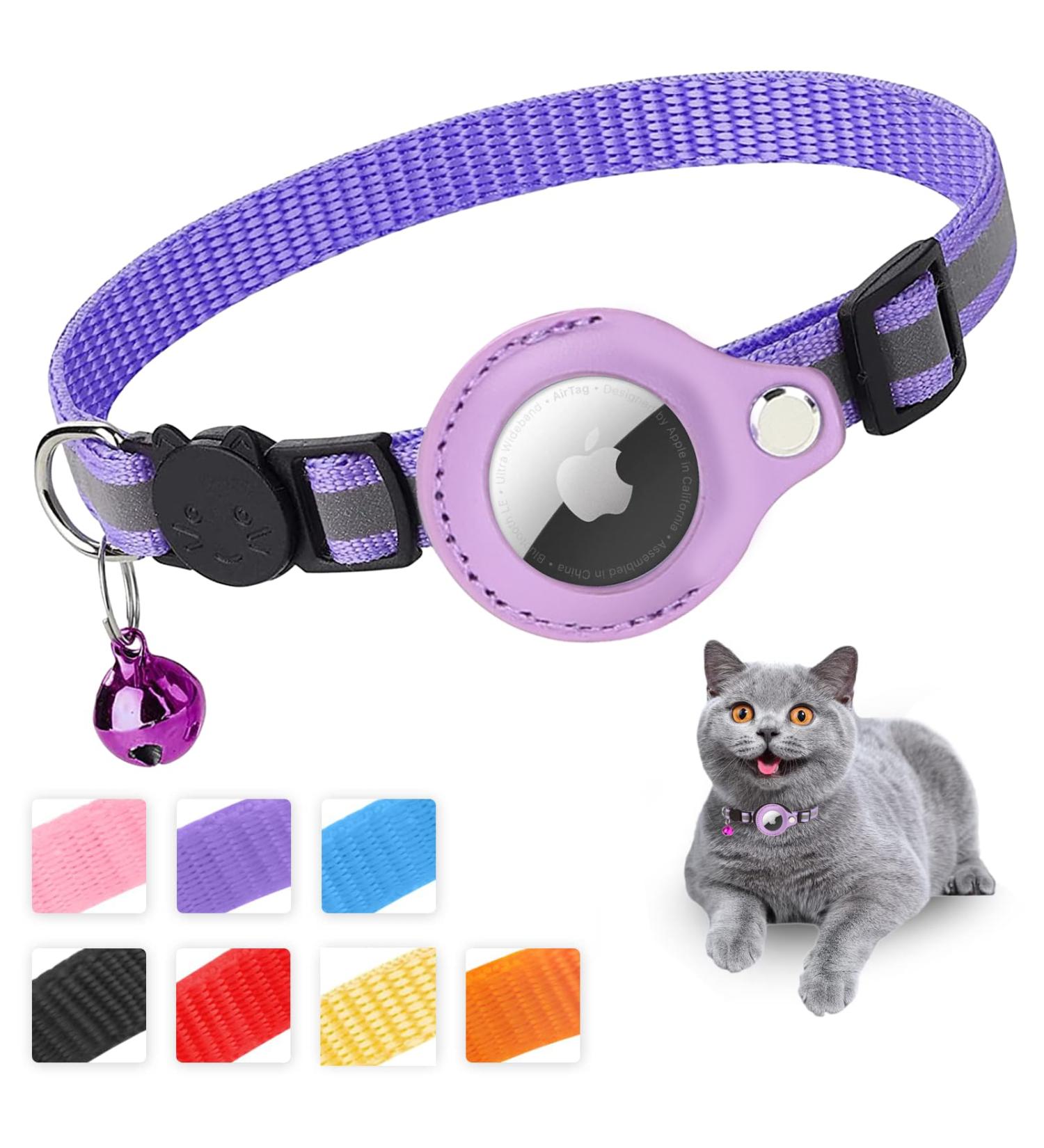 Mouyou Airtag Cat Neck Band - Soft Nylon Reflective Collar with Bell & Safety Clasp Adjustable 22-34cm Purple - Track Your Cat Safely! - Buy Online on GoSupps.com