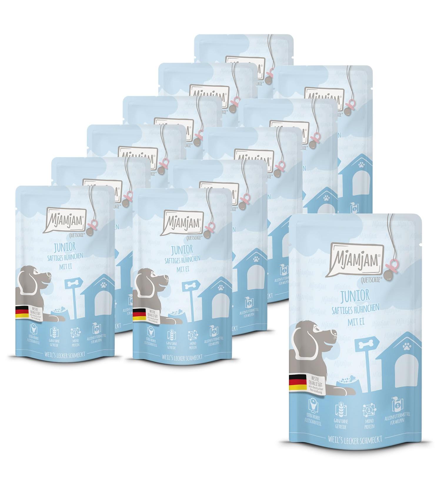 MjAMjAM - Premium wet food for dogs - Quetschie - Junior - juicy chicken with egg pack of 12 (12 x 125g)